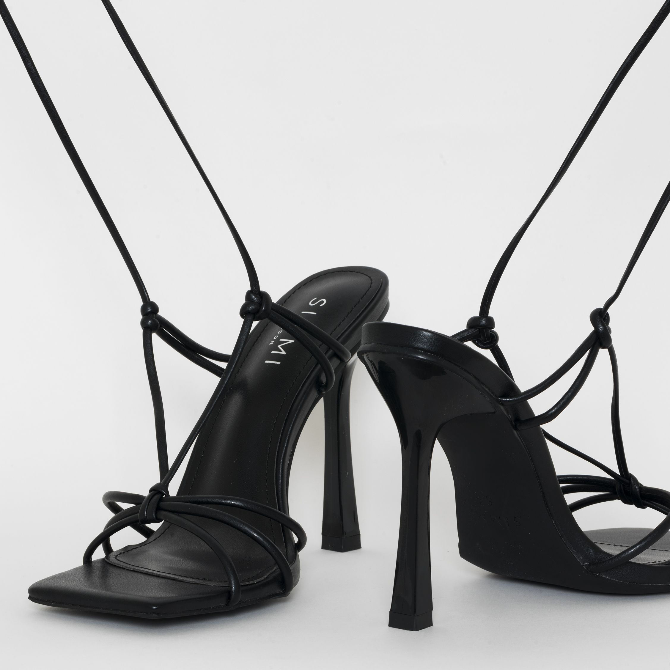 Flame Black Strappy Lace Up Square Toe Stiletto Heels