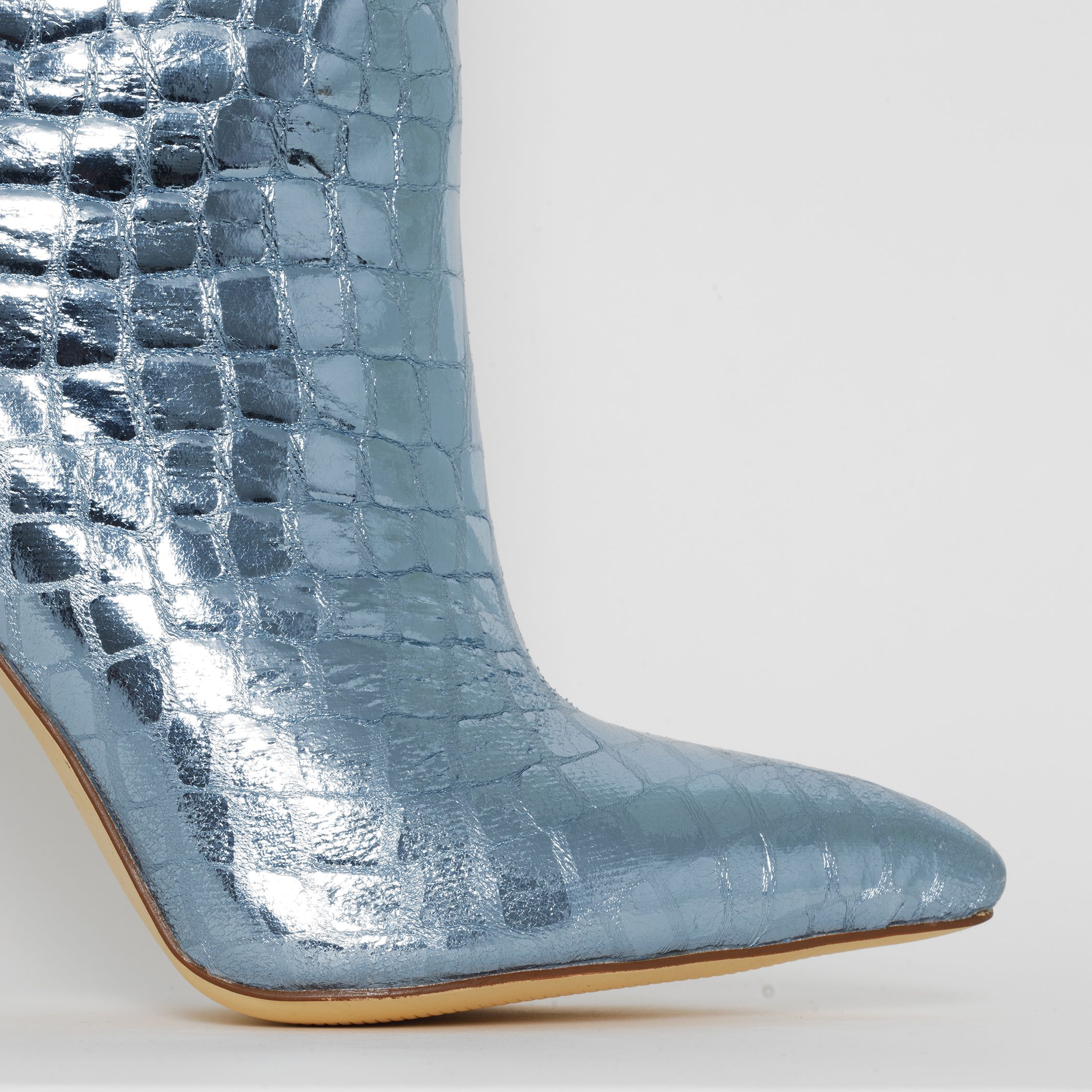 Lyra Blue Metallic Faux Croc Print Mid Calf Stiletto Boots