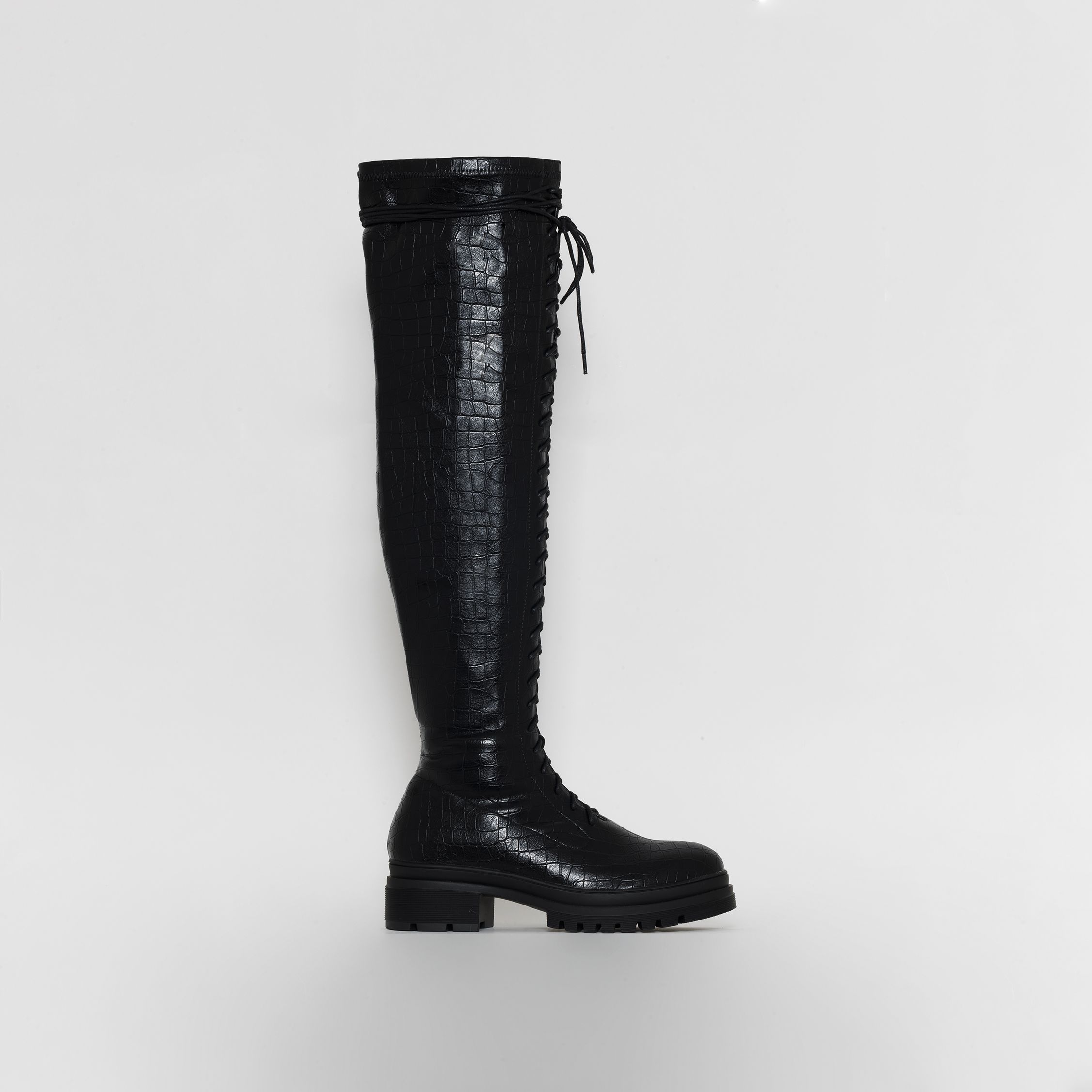 Cory Black Faux Croc Print Lace Up Over The Knee Boots