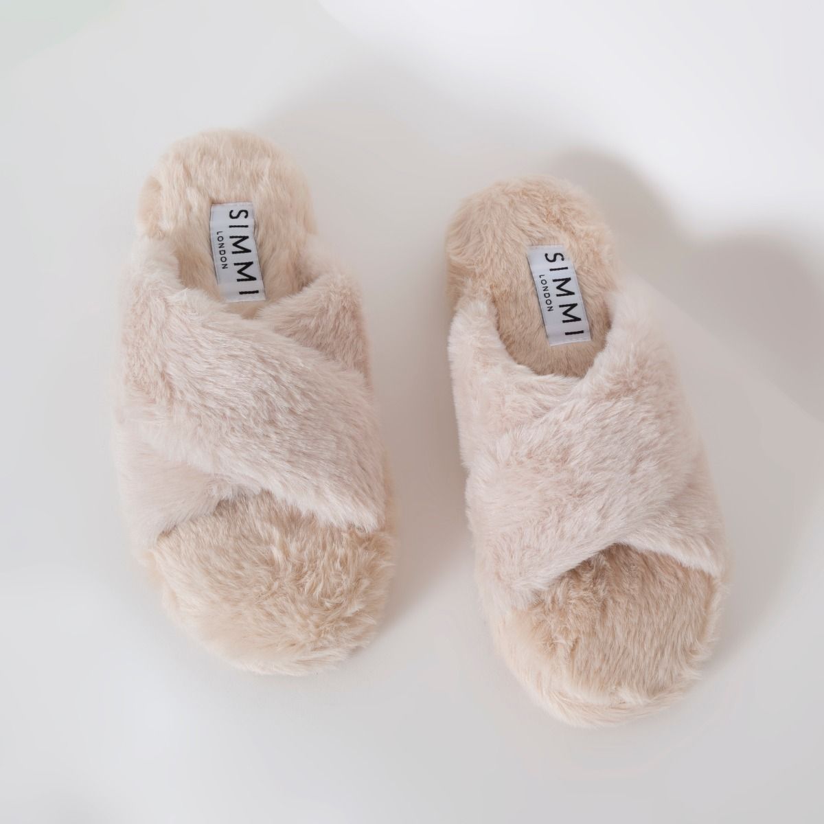 Camila Cream Fluffy Faux Fur Cross Strap Slippers