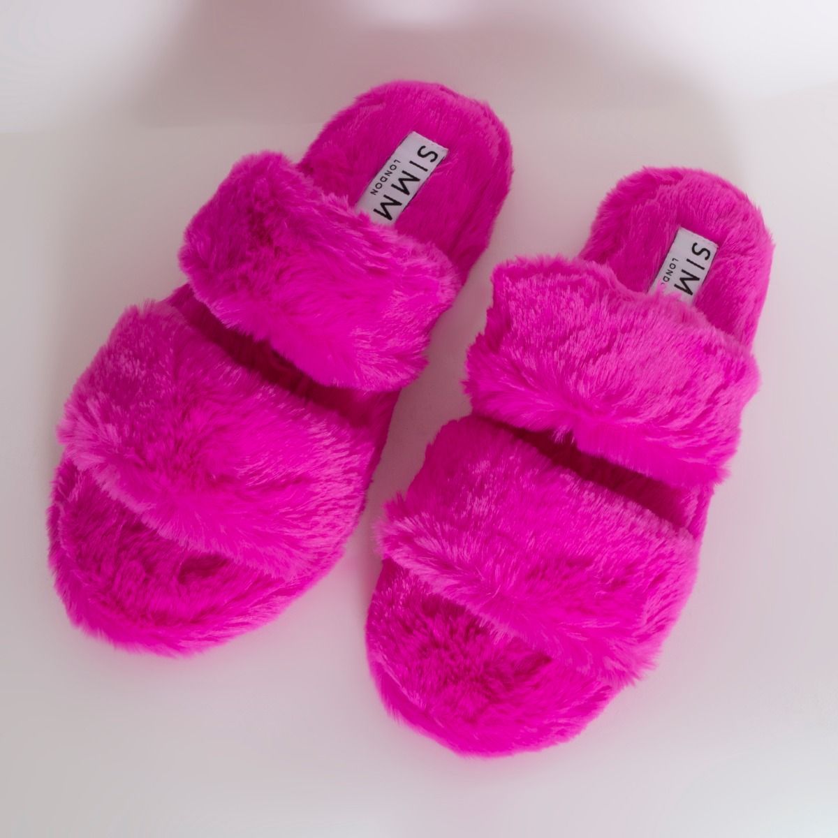 Courtney Fuchsia Fluffy Faux Fur Double Strap Slippers