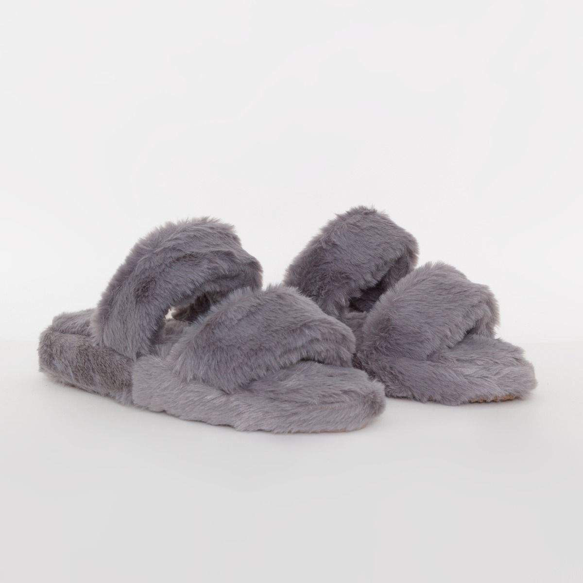 Courtney Grey Fluffy Faux Fur Strap Slippers