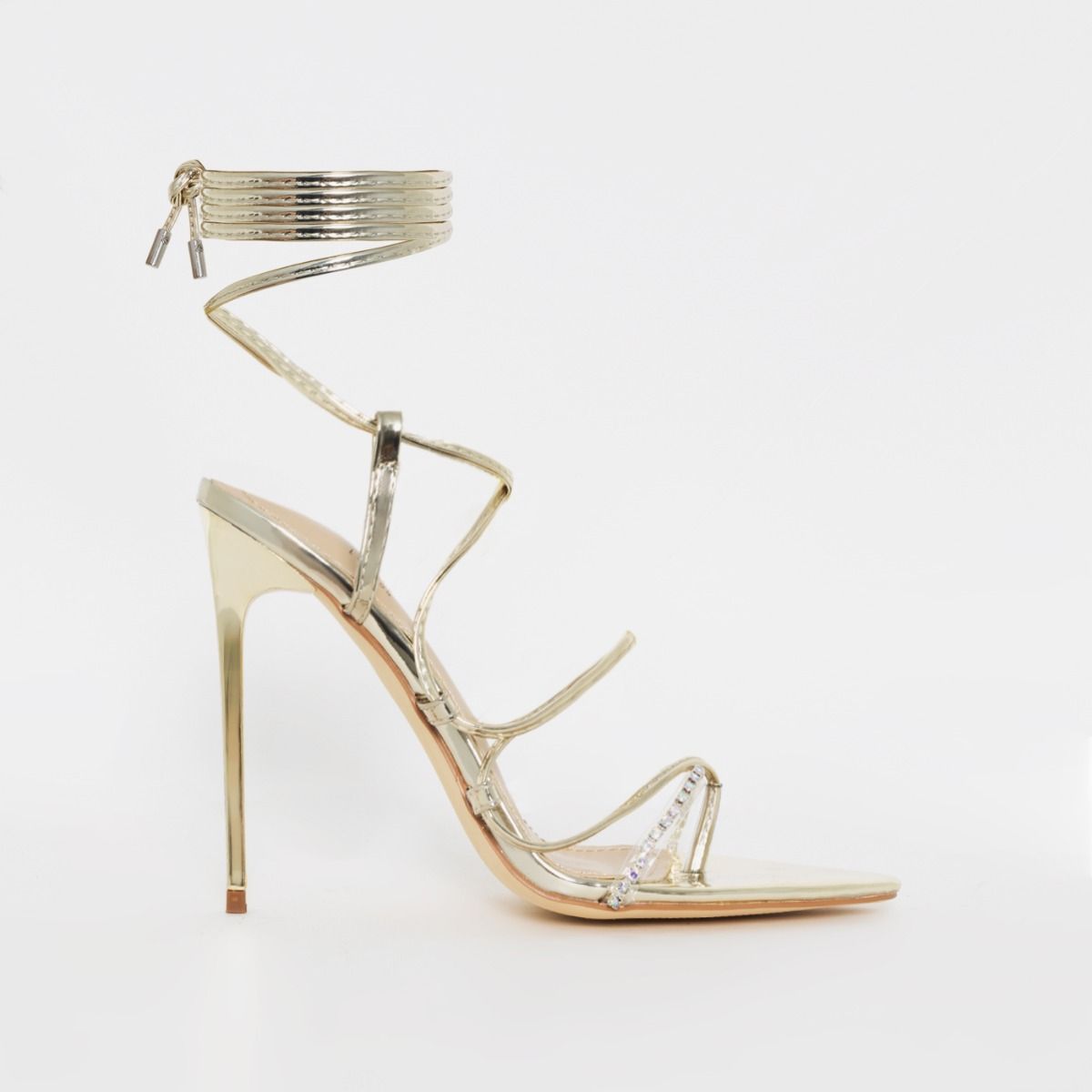 Avi Gold Patent Diamante Lace Up Stiletto Heels