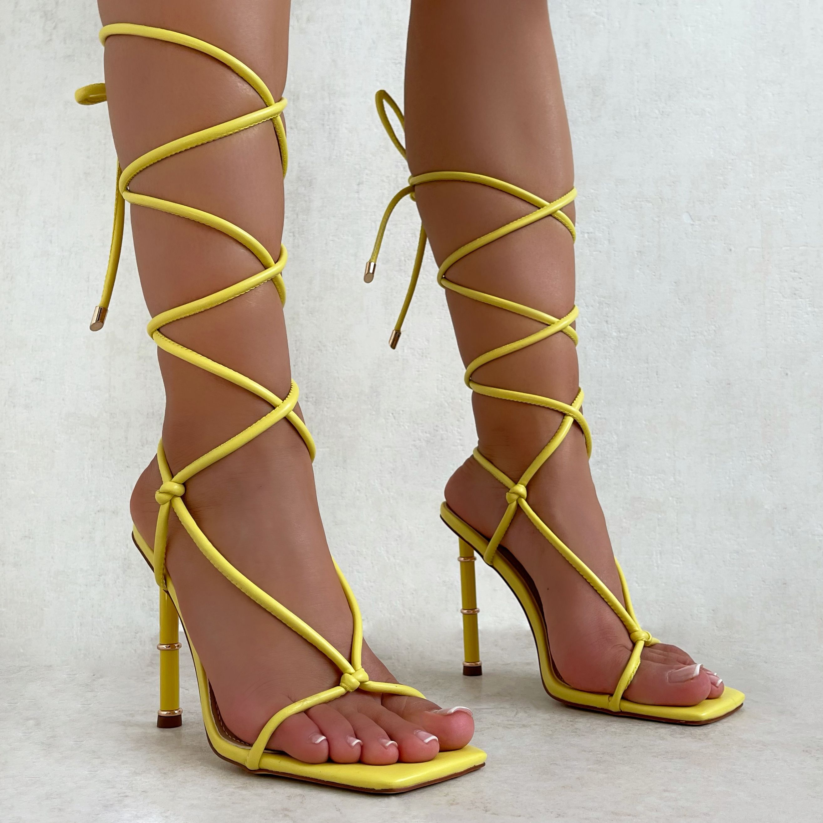 Coraline Yellow Square Toe Knot Lace Up High Heels