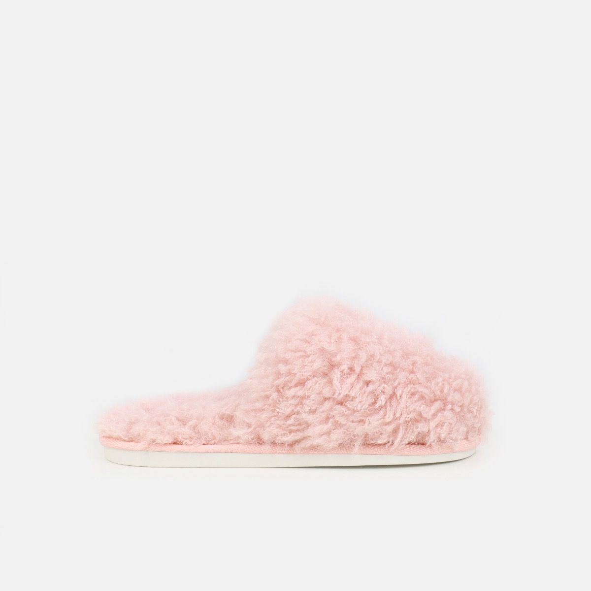 Floof Light Pink Curly Faux Fur Slippers | SIMMI London