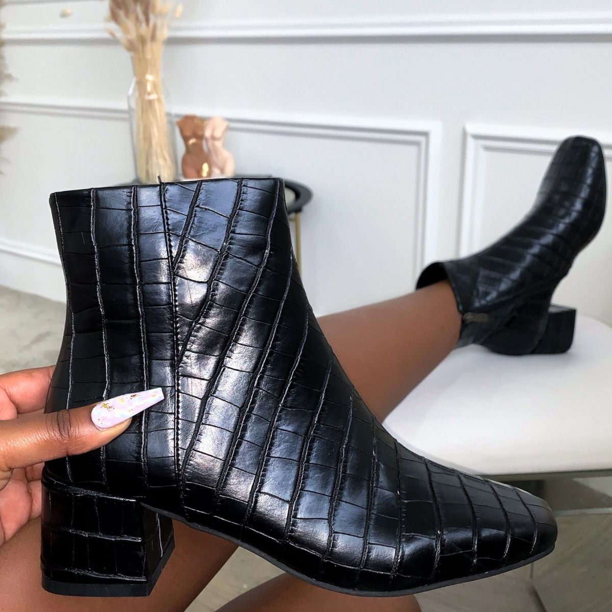 mock croc print leather ankle boots