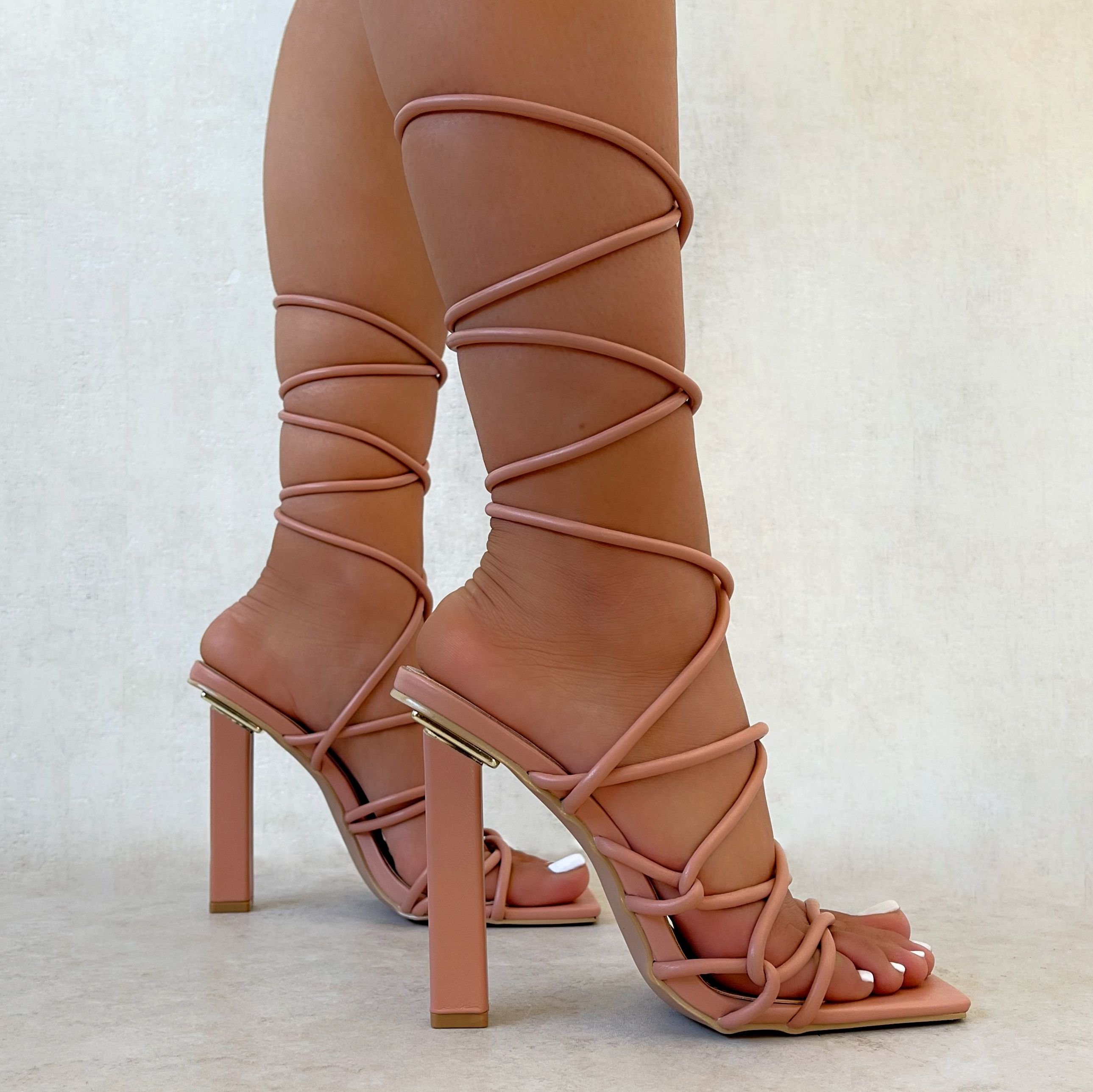 Frances Nude Square Toe Lace Up Block Heels | SIMMI London