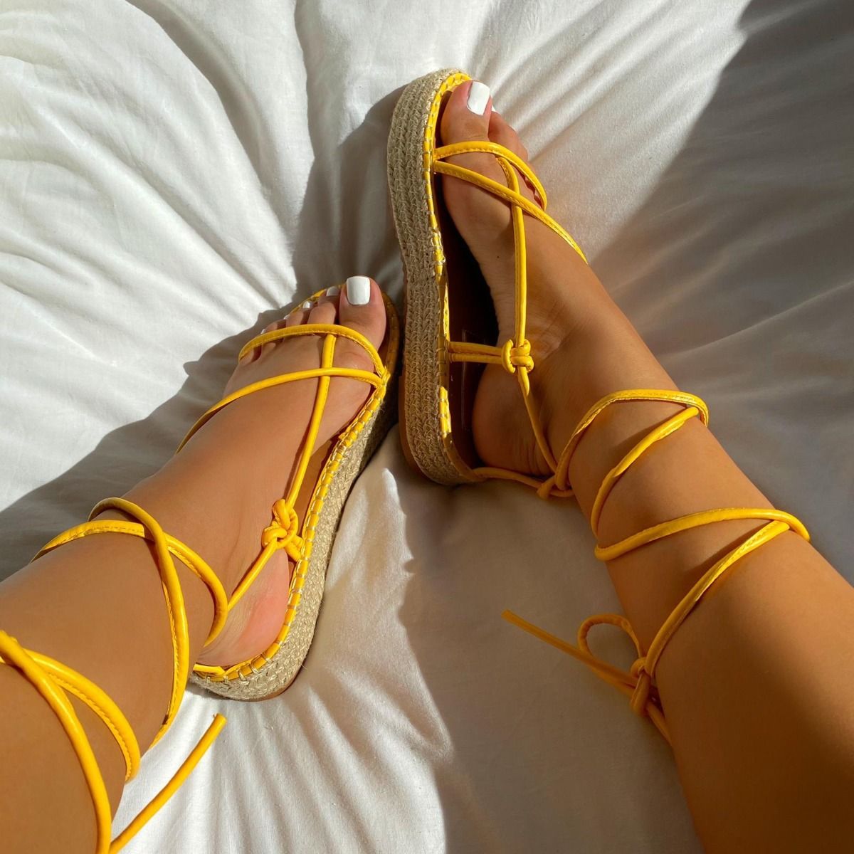 yellow lace up flat sandals