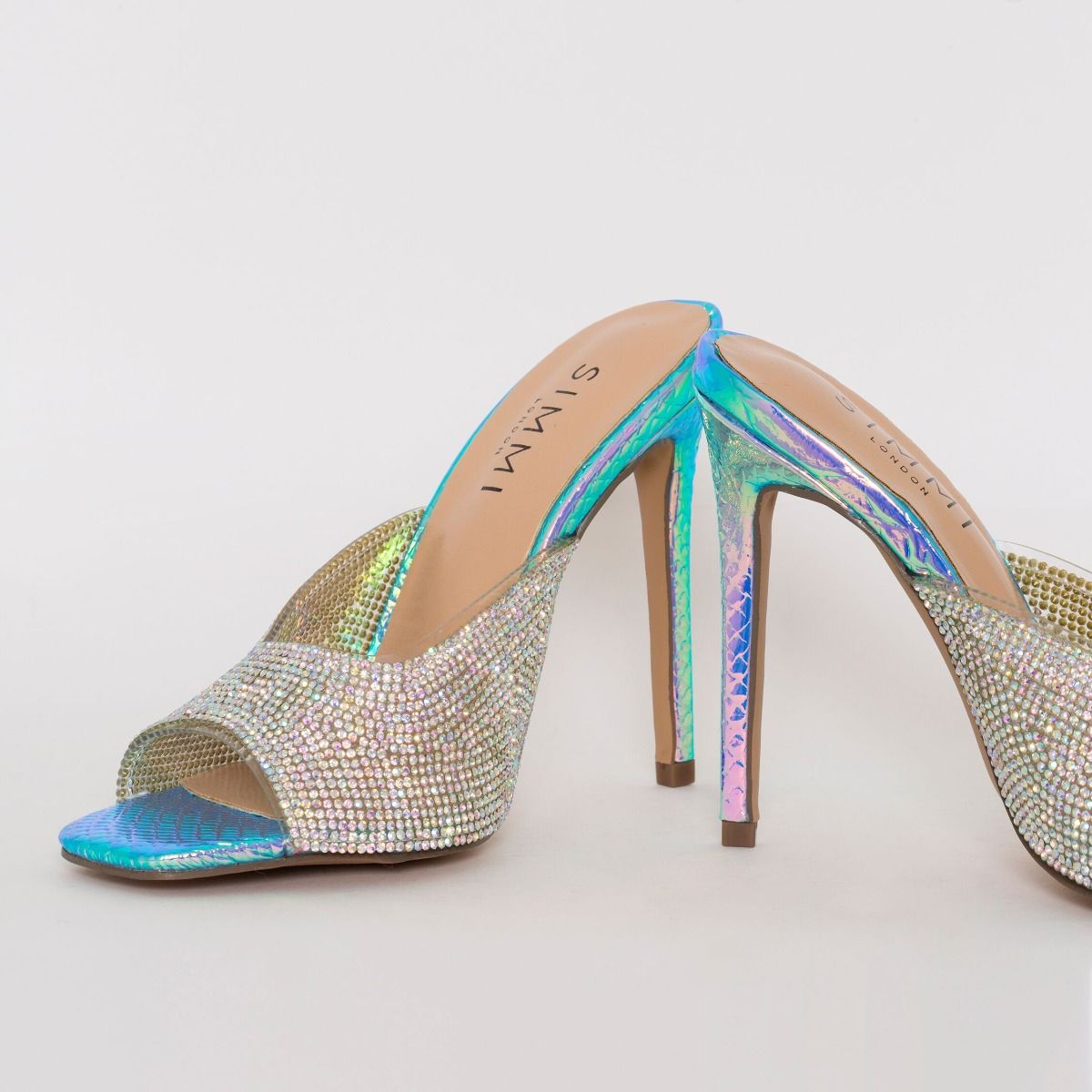 Alesha Rainbow Snake Print Diamante Stiletto Heels