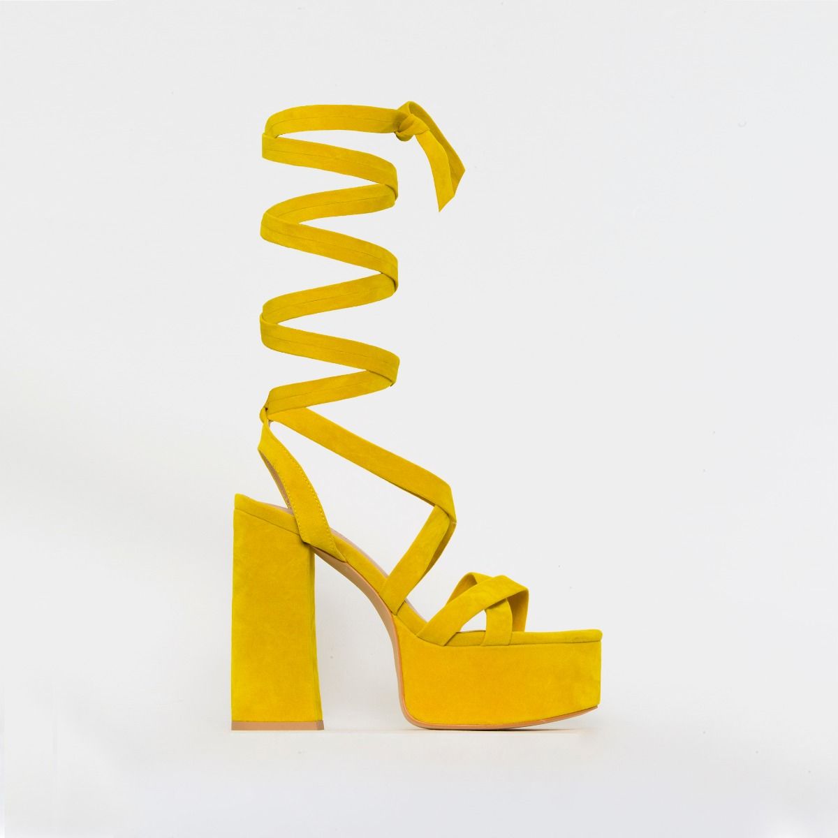 Amber Yellow Suede Lace Up Platform Heels
