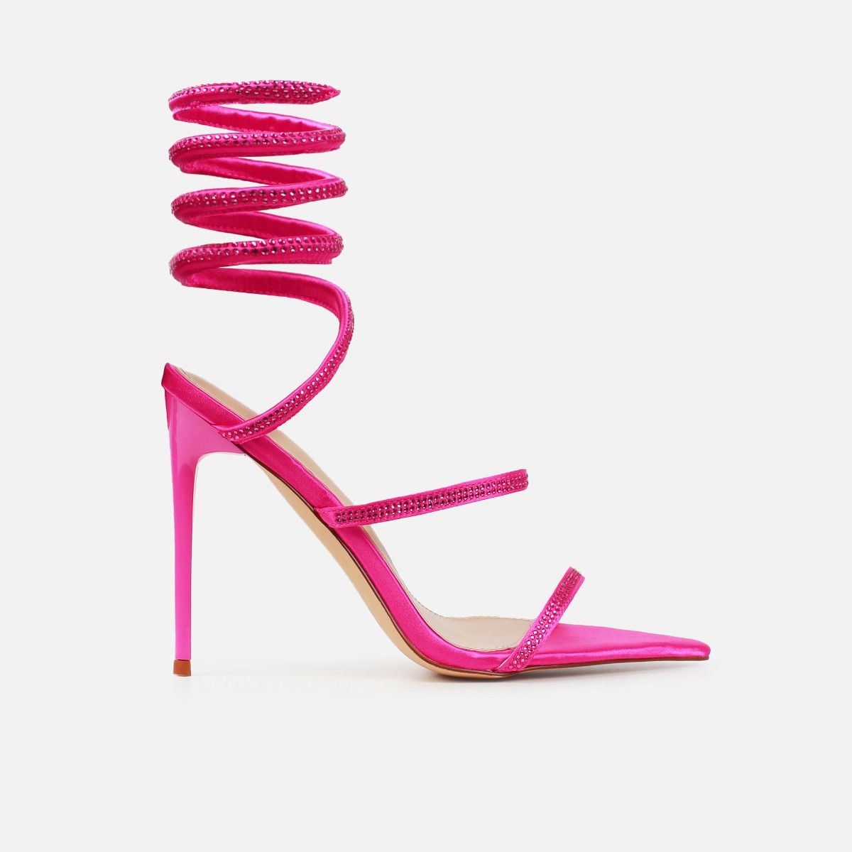 Mary Bedford Florai Pink Satin Diamante Spiral Stiletto Heels | SIMMI ...