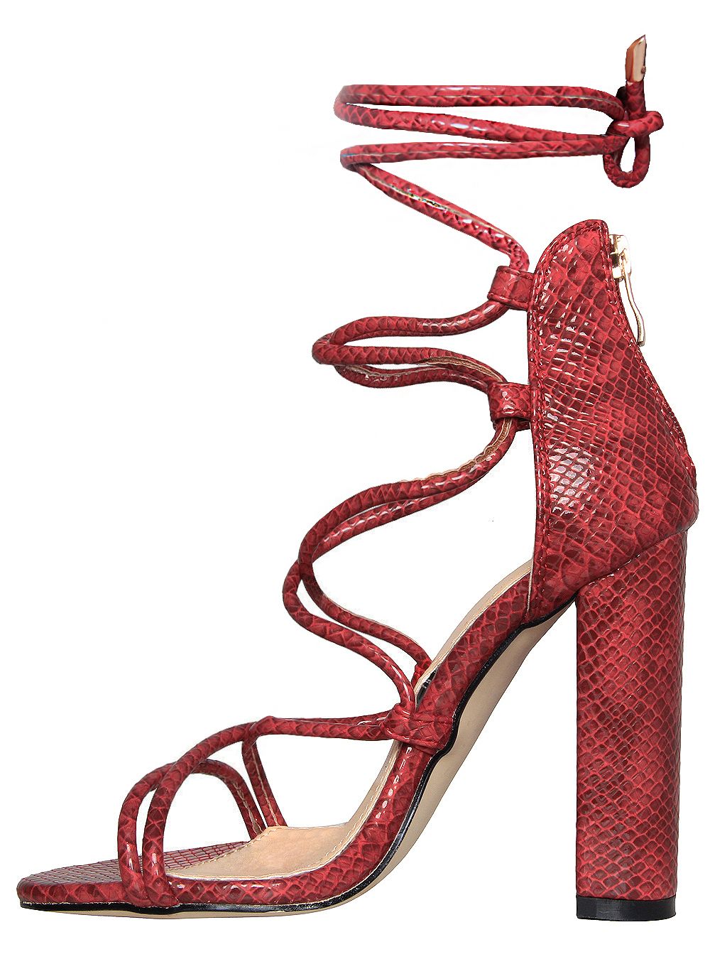 Hannah Red Snake Lace Up Block Heels