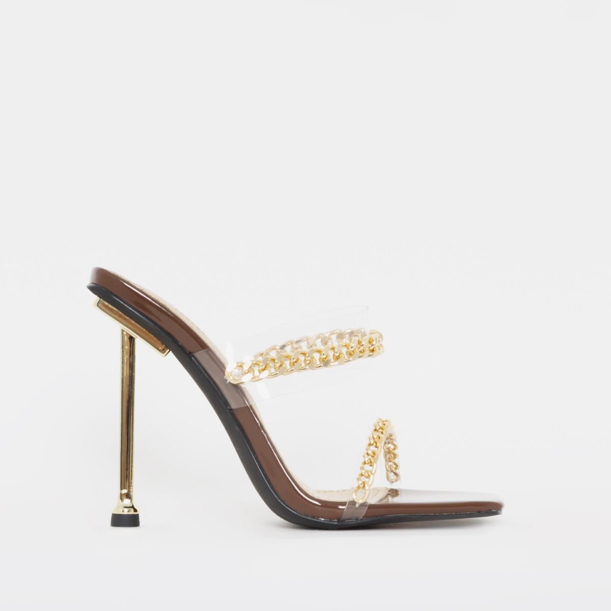 Monsoon Brown Patent Clear Chain Stiletto Mules | SIMMI London