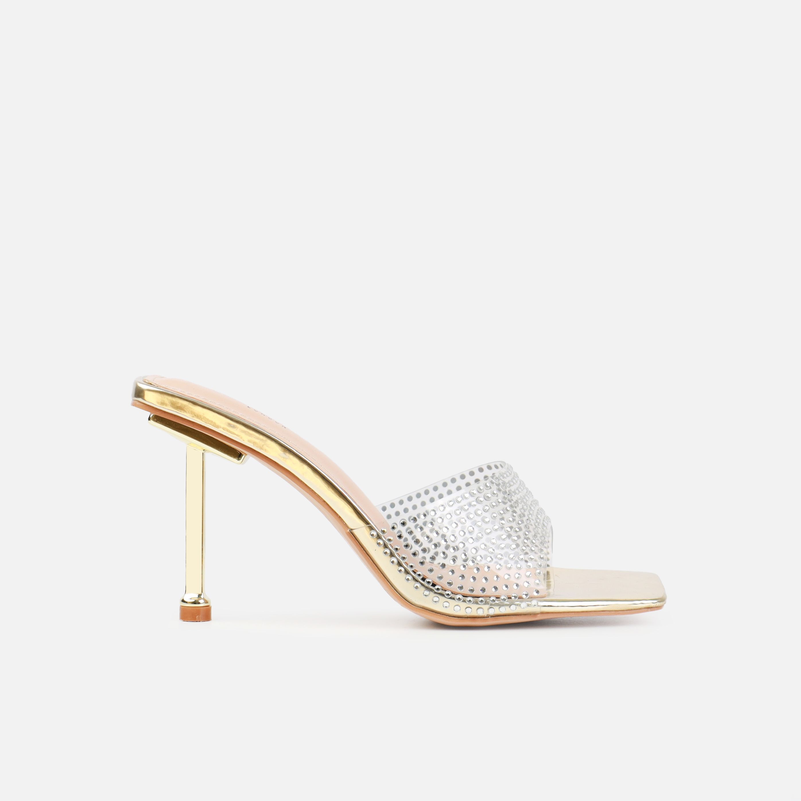 Josefine Gold Clear Diamante Mid Heel Mules | SIMMI London