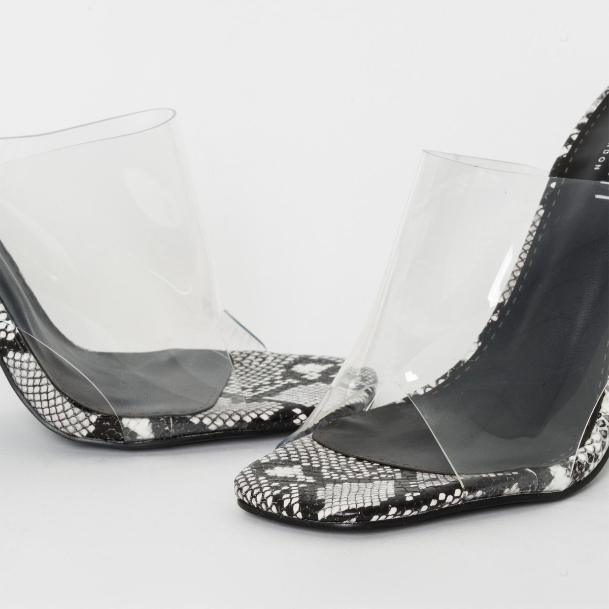 Clio Black and White Snake Print Clear Block Heel Mules