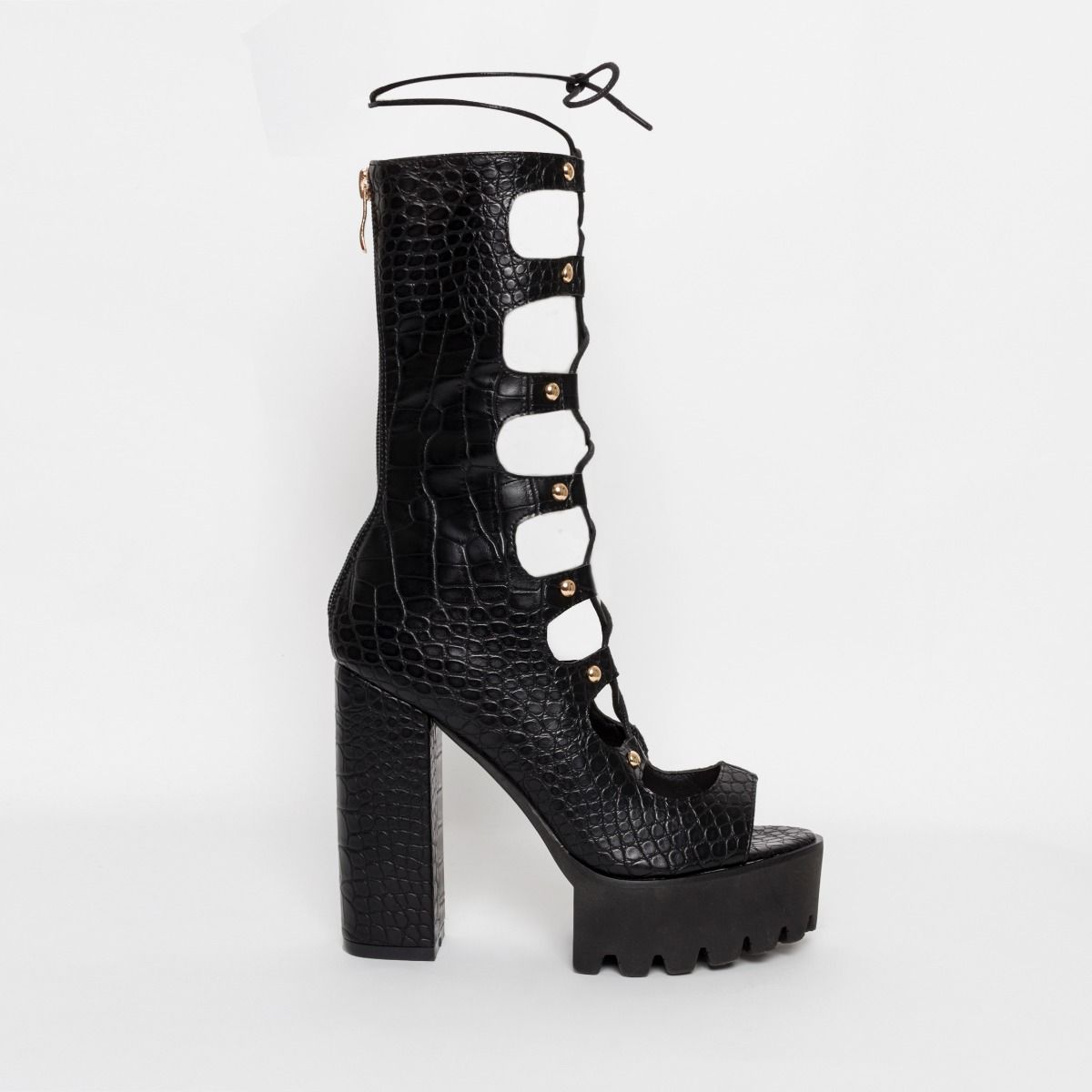 black lace up platform heeled boots