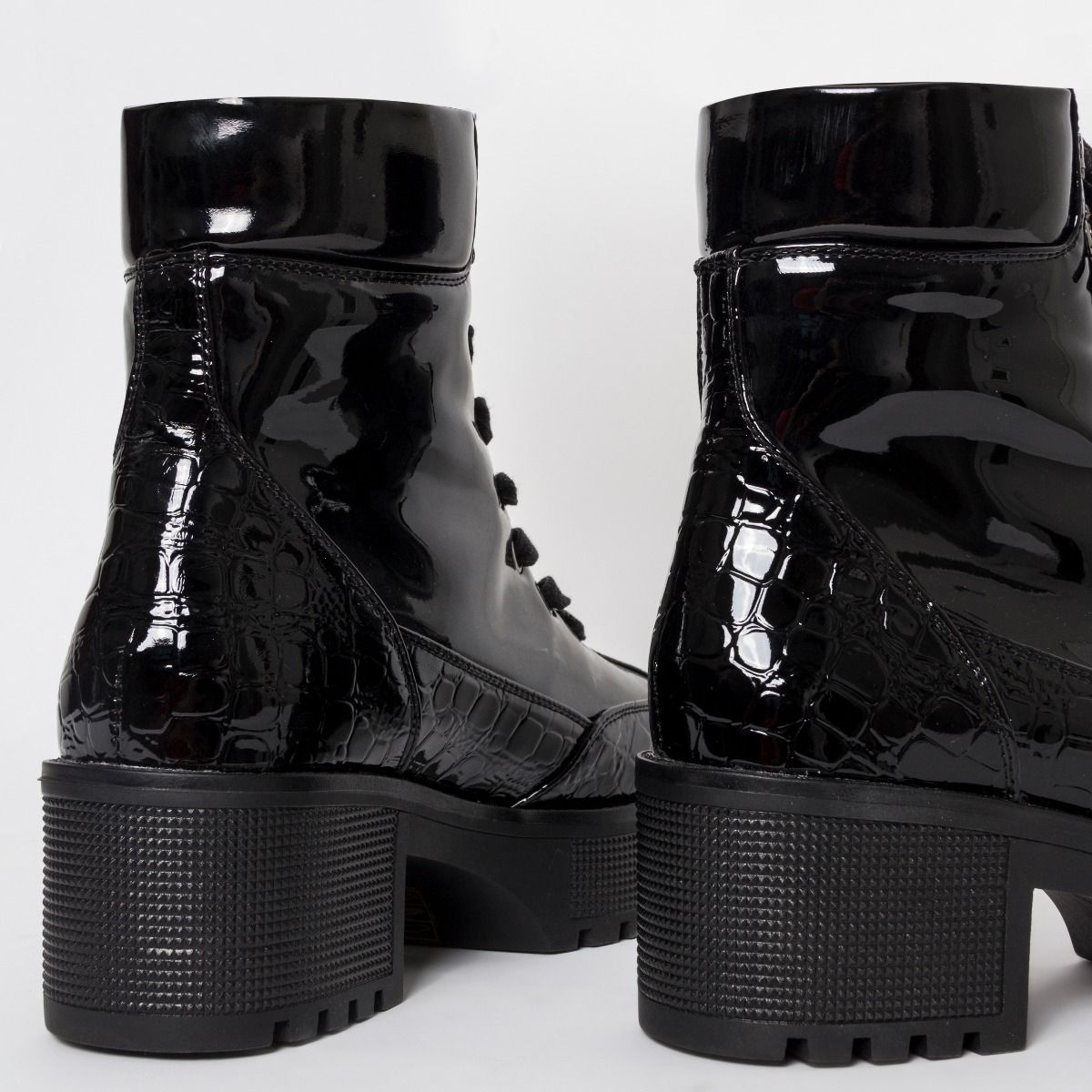 black patent croc lace up boots
