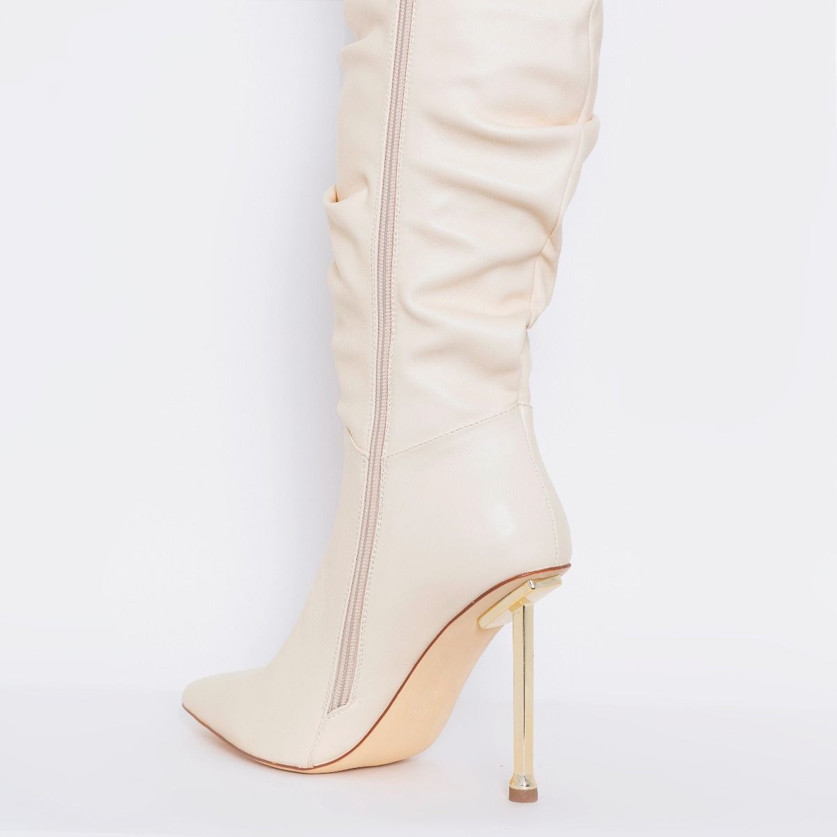 Beige Ruched Pointy Toe Thigh High Boots