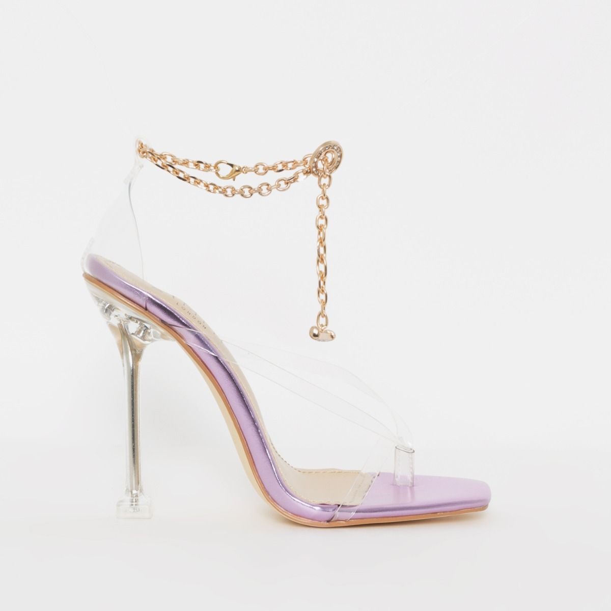 Meera Purple Metallic Clear Chain Thong Stiletto Heels