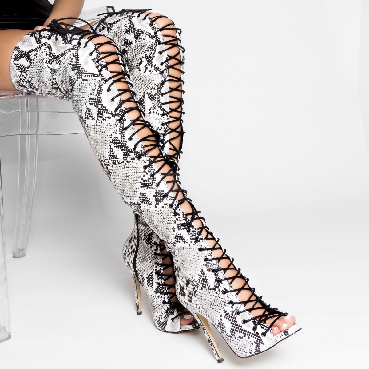 thigh high lace up stilettos
