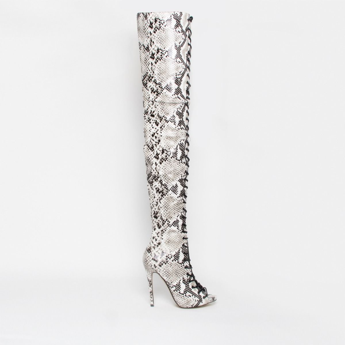 White Snake Lace Up Stiletto Thigh High 