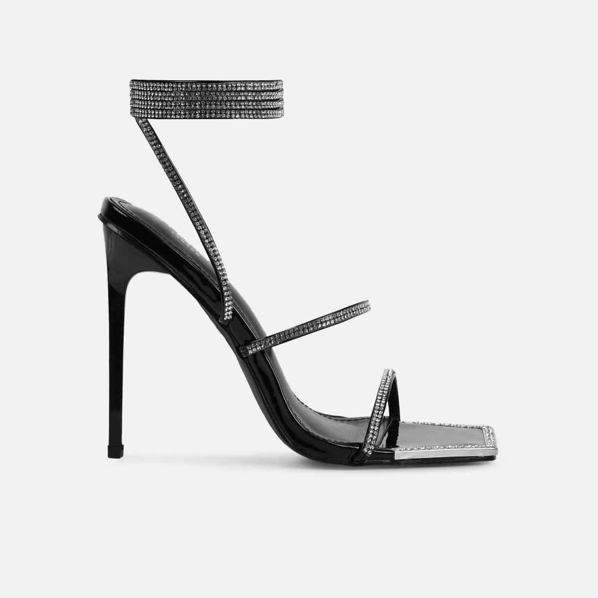 Ignite Black Patent Diamante Lace Up Stiletto Heels | SIMMI London