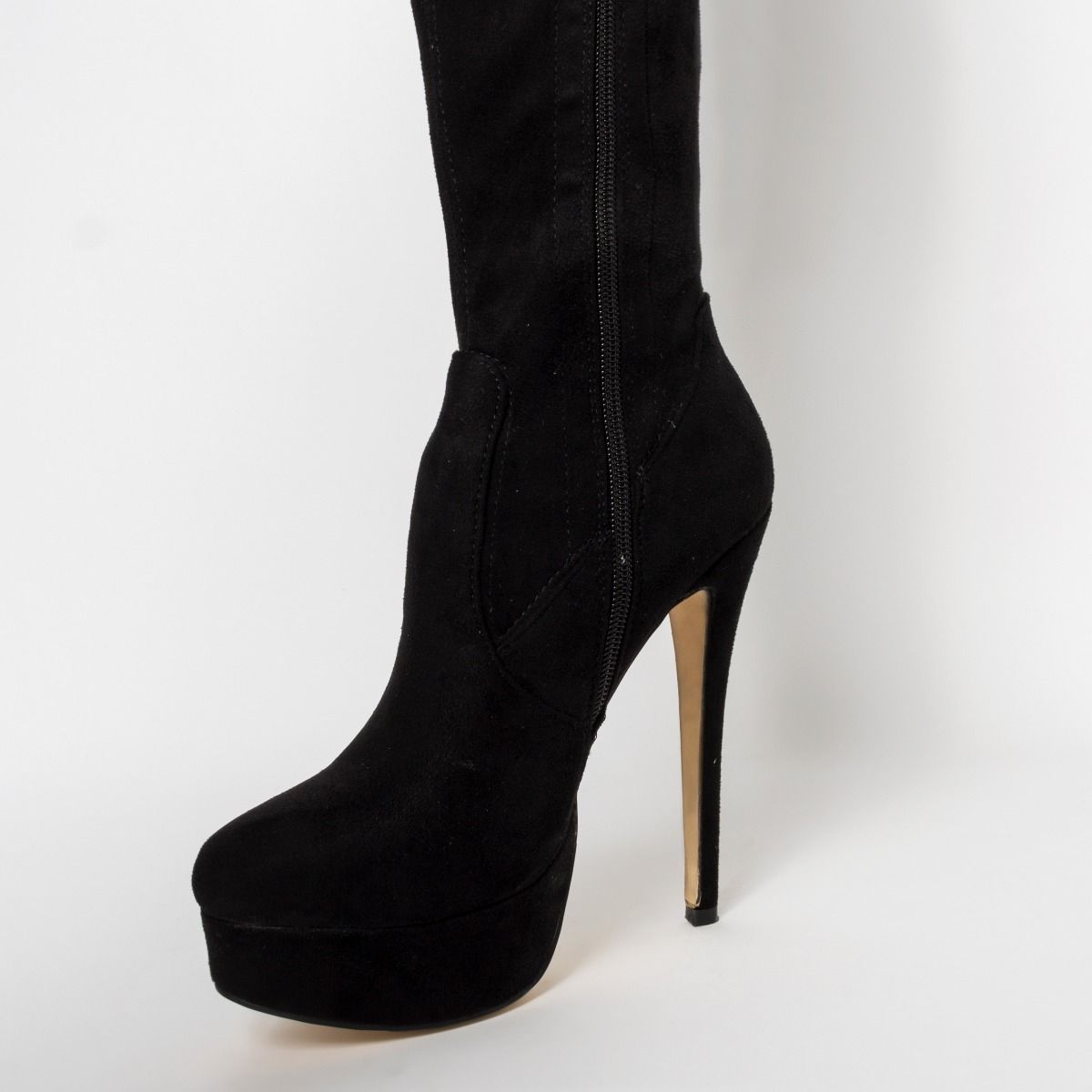 SYYAN Womens Imitation Suede Manual Pump Thigh Boots Black