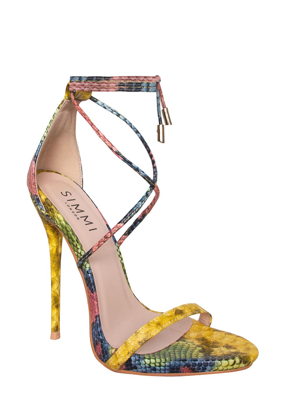 Shania Yellow Snake Lace Up Stiletto Heels