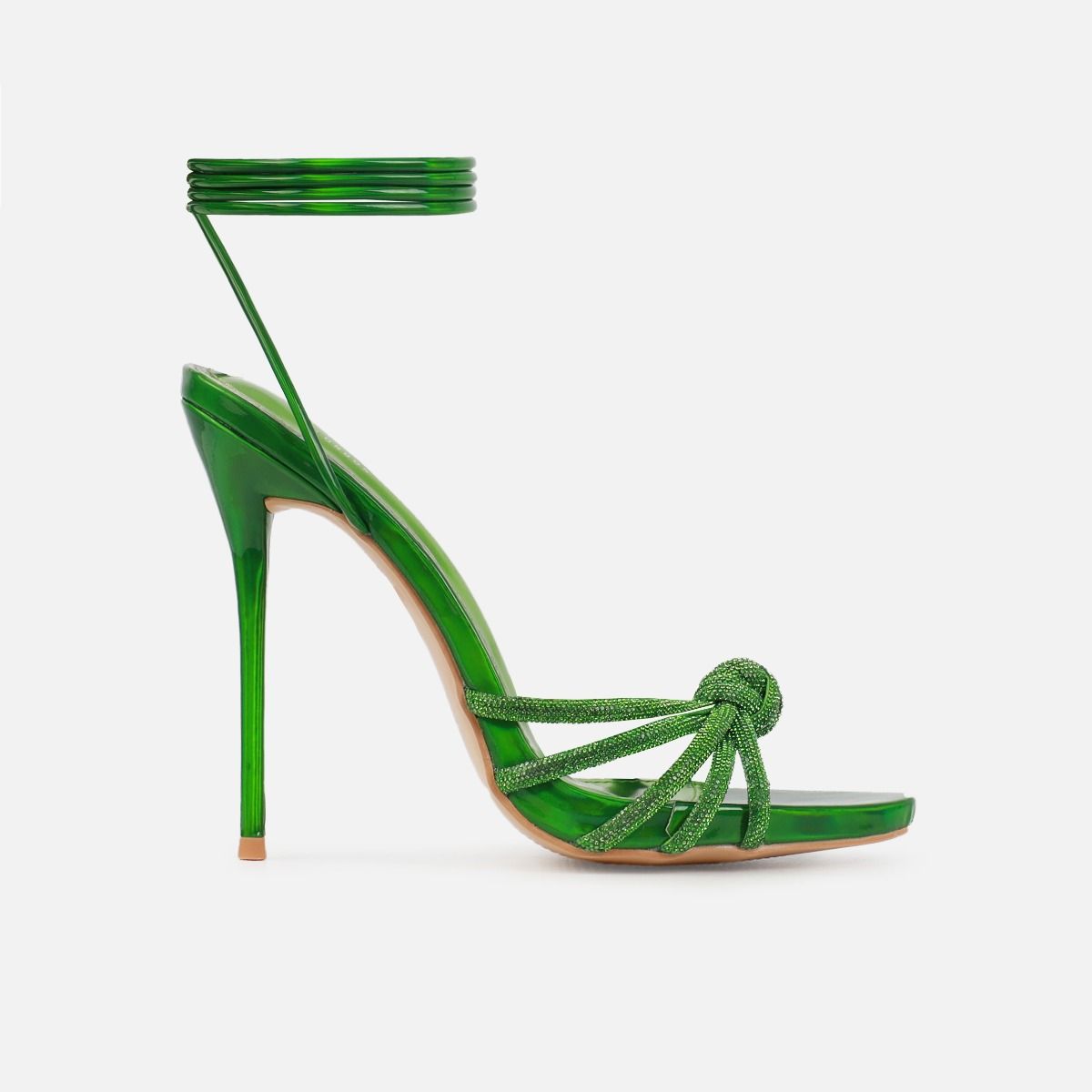 Tasha Ghouri Diamonique Green Diamante Lace Up Heels | SIMMI London