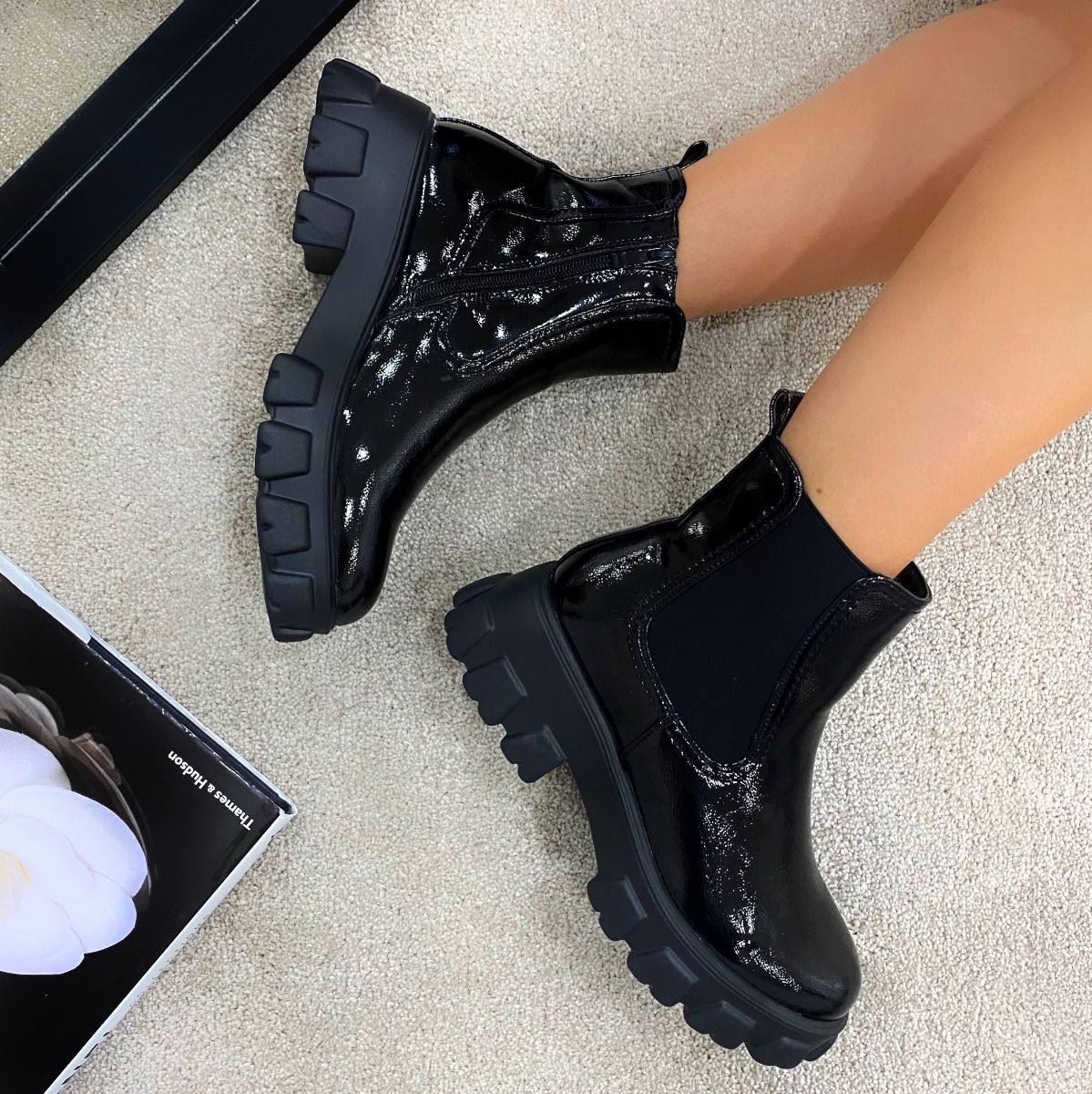 chunky black patent boots