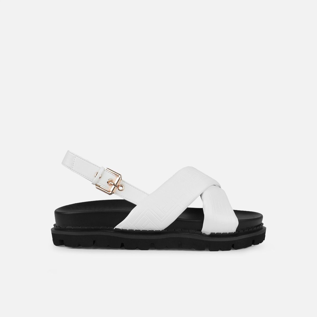 Vaia White Embossed Cross Over Flat Sandals | SIMMI London