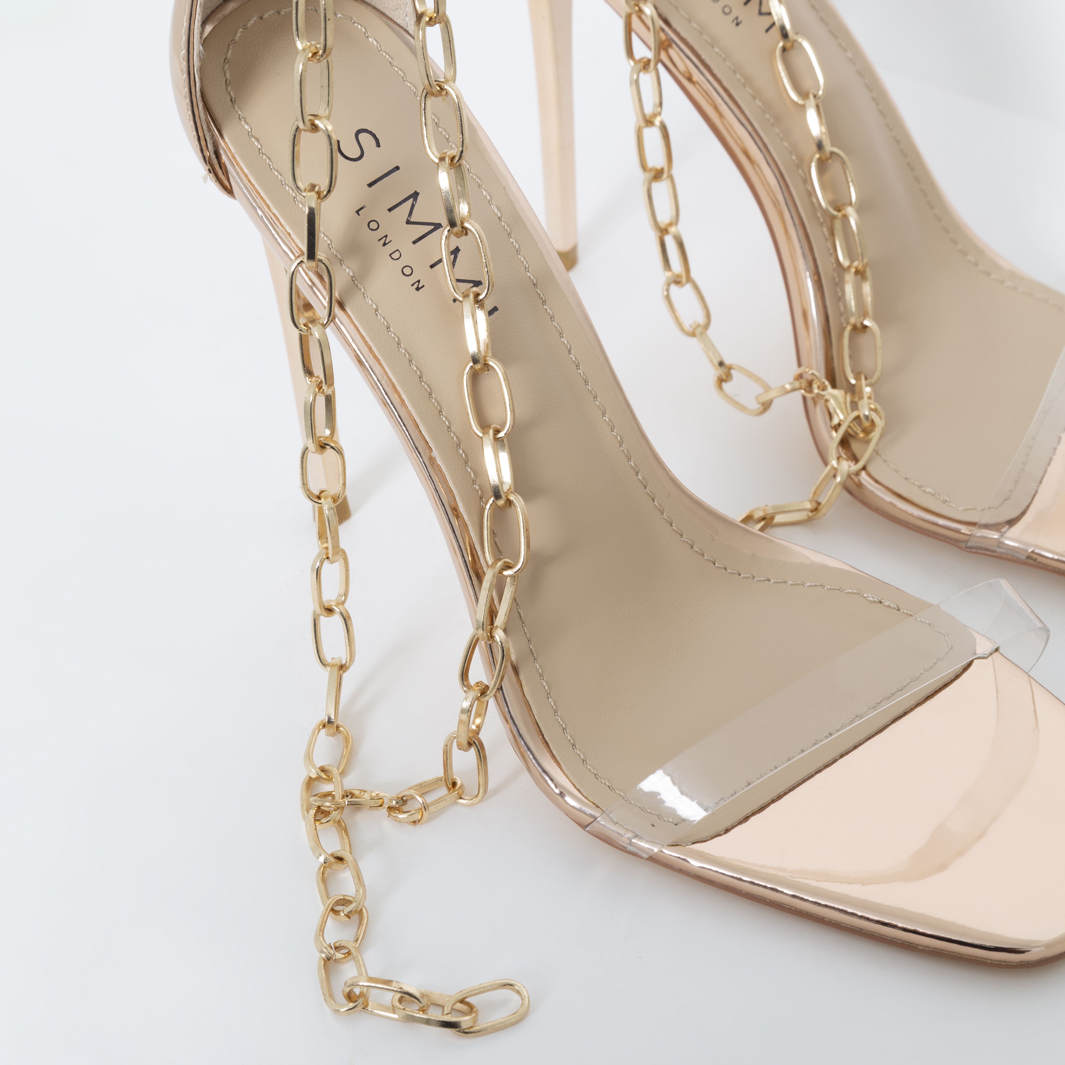Ruiz Rose Gold Clear Ankle Chain Stiletto Heels