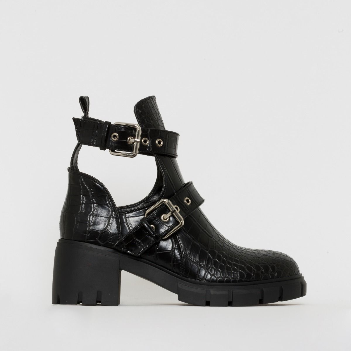 Black Croc Print Cut Out Chunky Ankle Boots