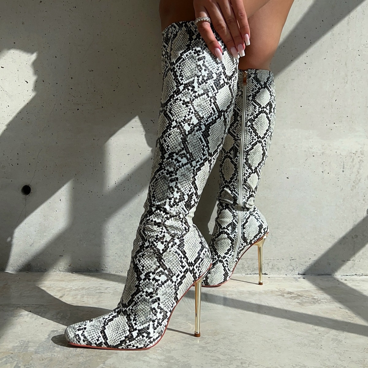 Tasha Ghouri Delano Stone Faux Snake Print Stiletto Knee High Boots ...