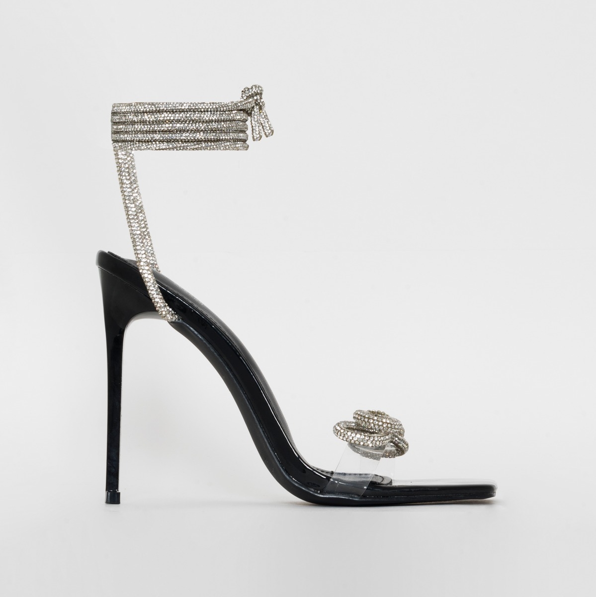 Lucille Black Patent Diamante Bow Lace Up Stiletto Heels | SIMMI London