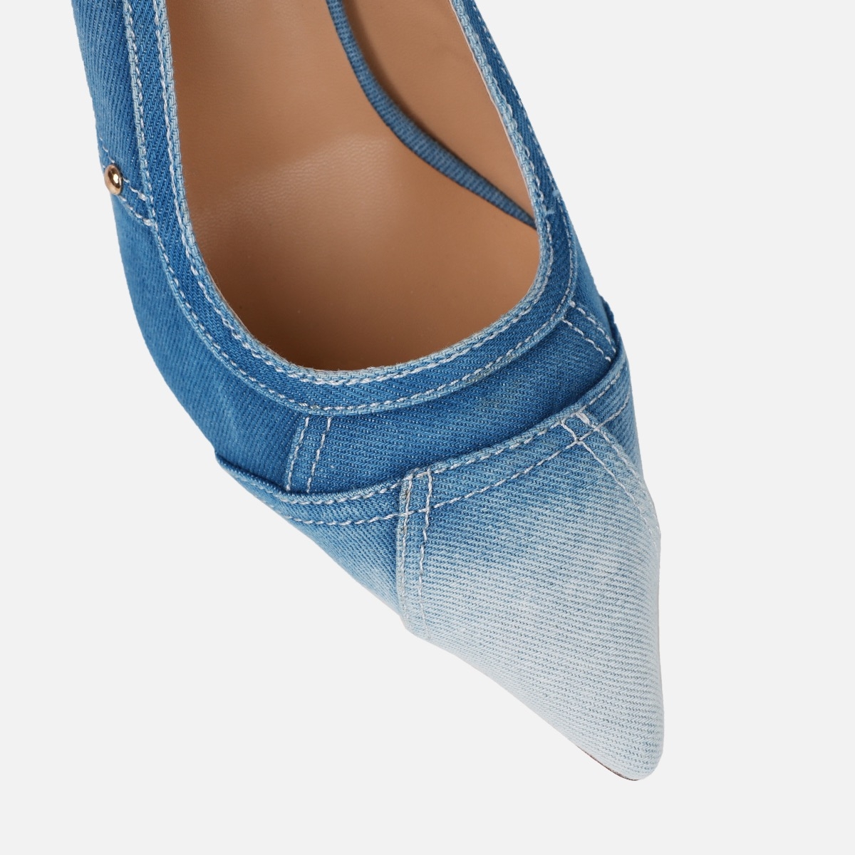 Aggie Blue Denim Patchwork Stiletto Court Shoes | SIMMI London