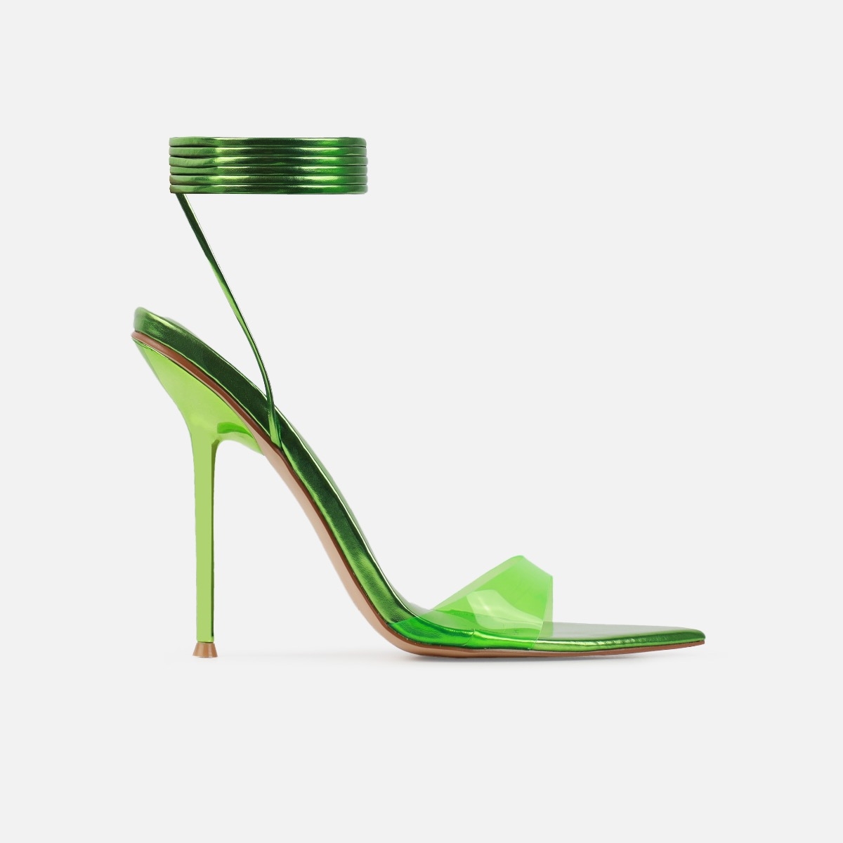 Mary Bedford Ariaa Green Clear Lace Up Stiletto Heels | SIMMI London