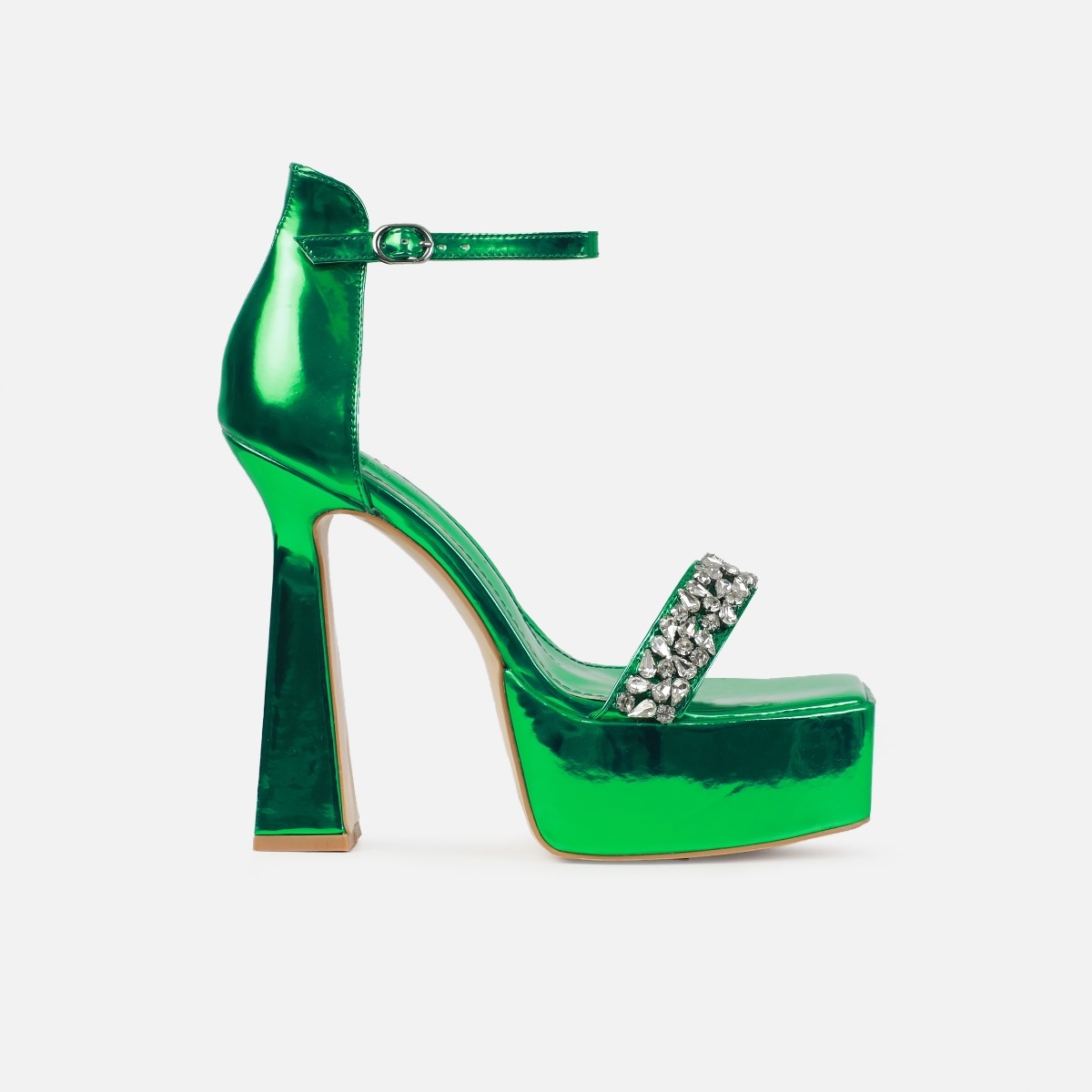Bellia Green Metallic Diamante Platform Block Heels | SIMMI London