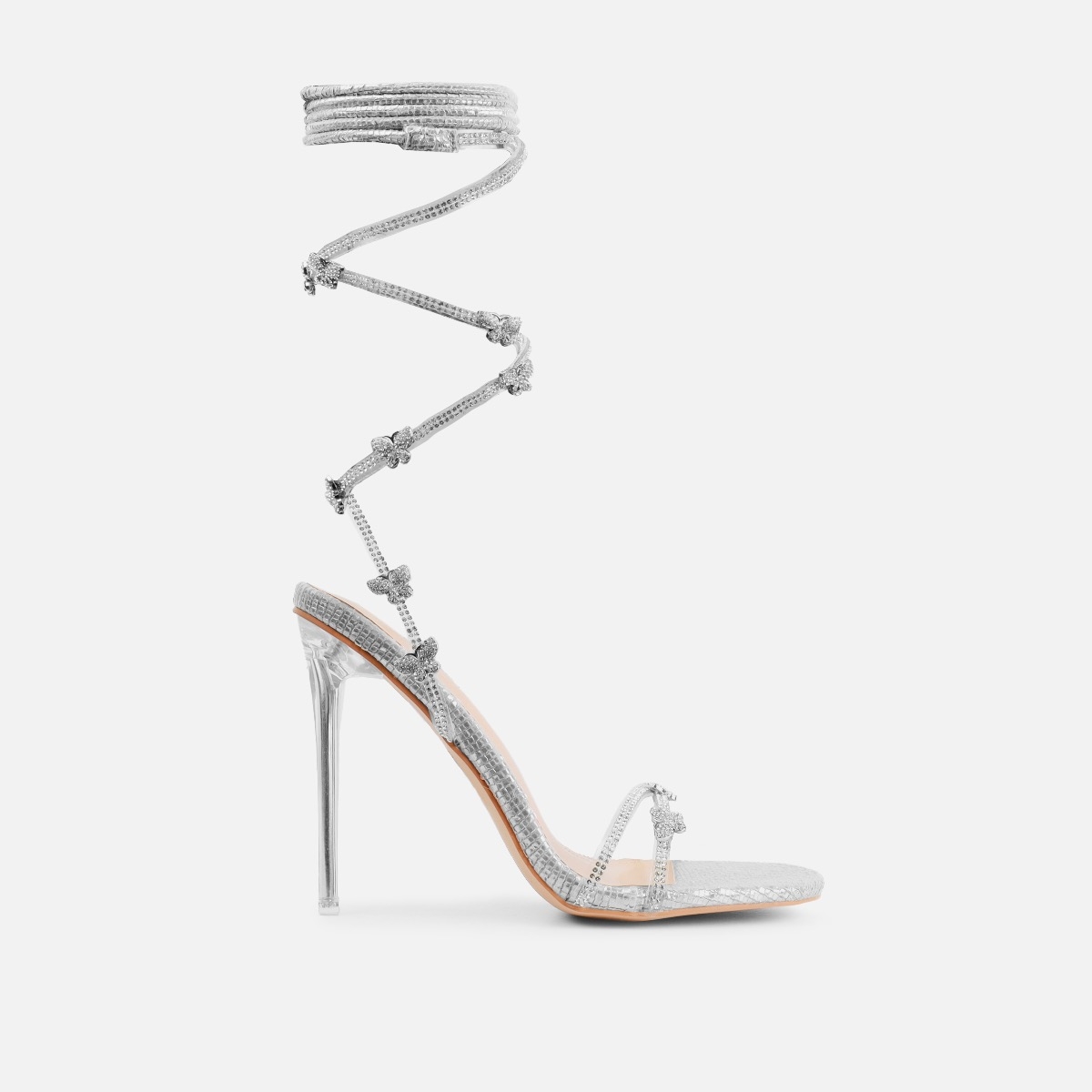 Britta Silver Shimmer Butterfly Lace Up Clear Stiletto Heels | SIMMI London
