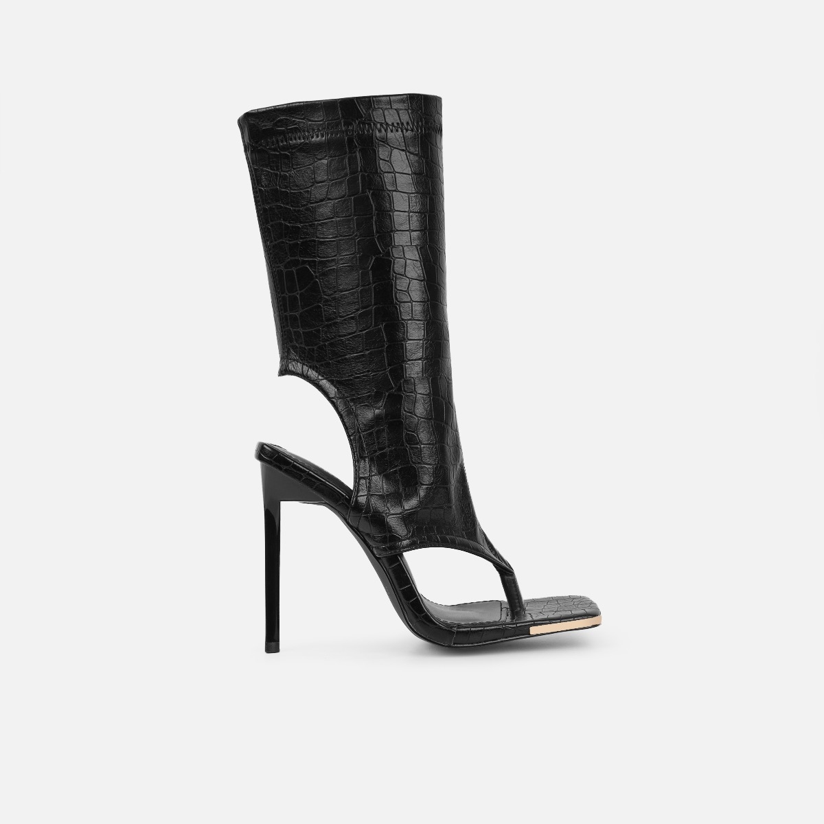 Amrezy Empire Black Quilted Stiletto Thigh High Boots | SIMMI London