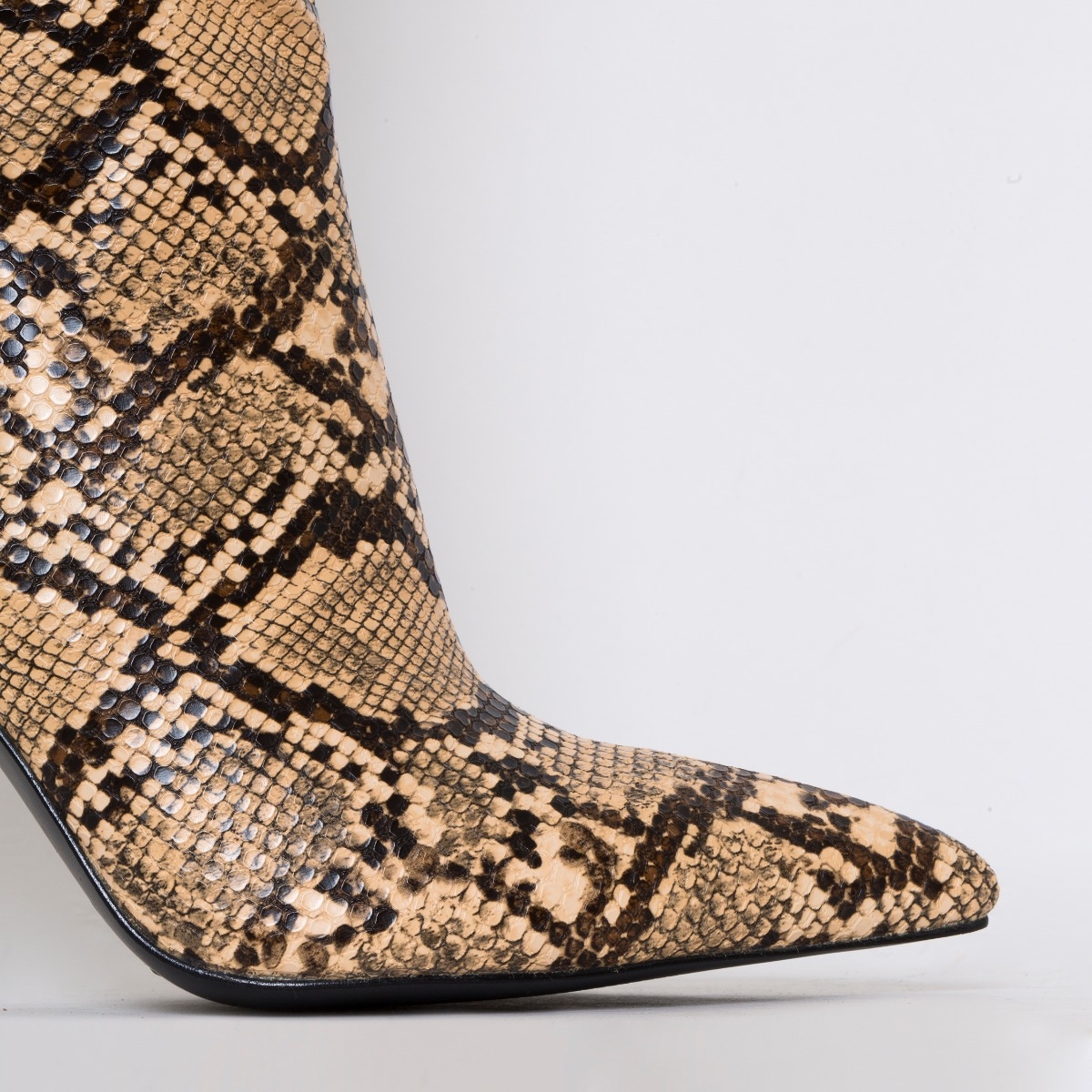 Ebony Beige Snake Print Ruched Stiletto Knee Boots