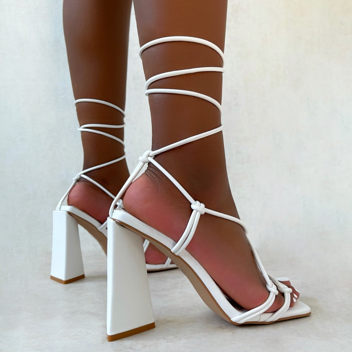 White Lace Strappy Block Heel Wedding Sandals|FSJshoes