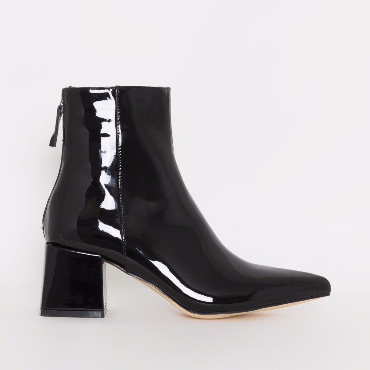Fabian Black Patent Pointed Toe Block Heel Ankle Boots | SIMMI London