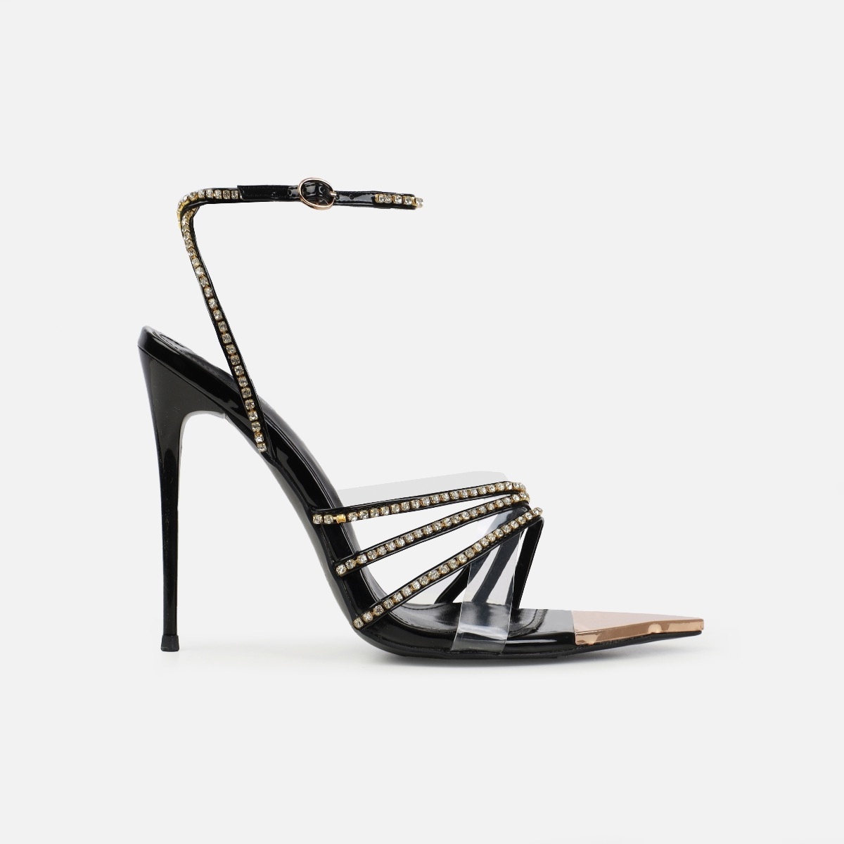 Kairi Black Patent Clear Diamante Stiletto Heels | SIMMI London