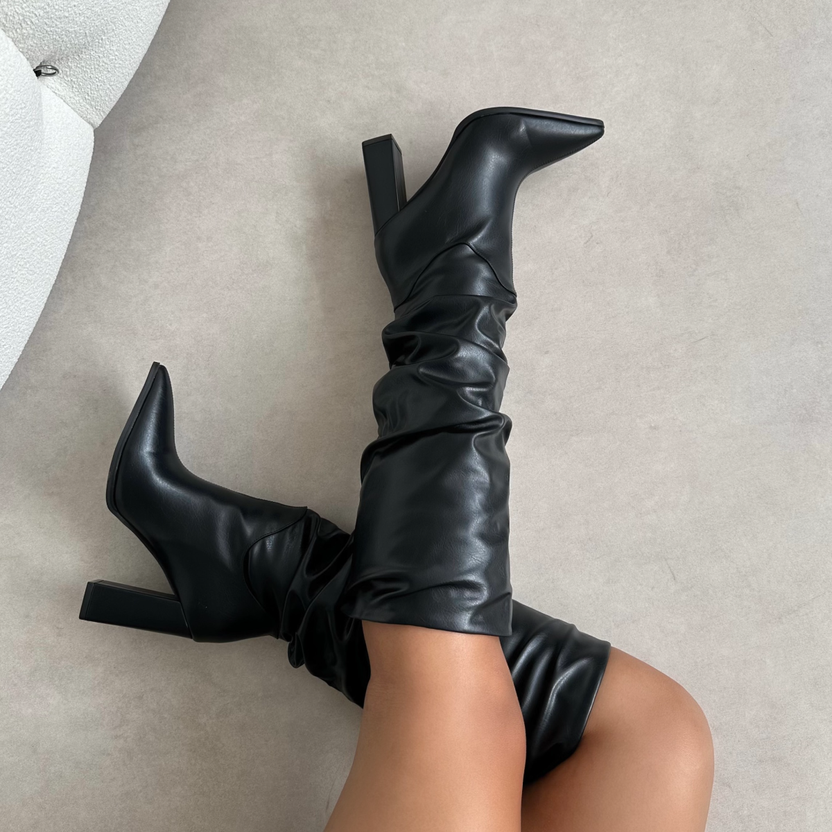 Chloe Knee Length High Heeled Boots in Black | ikrush