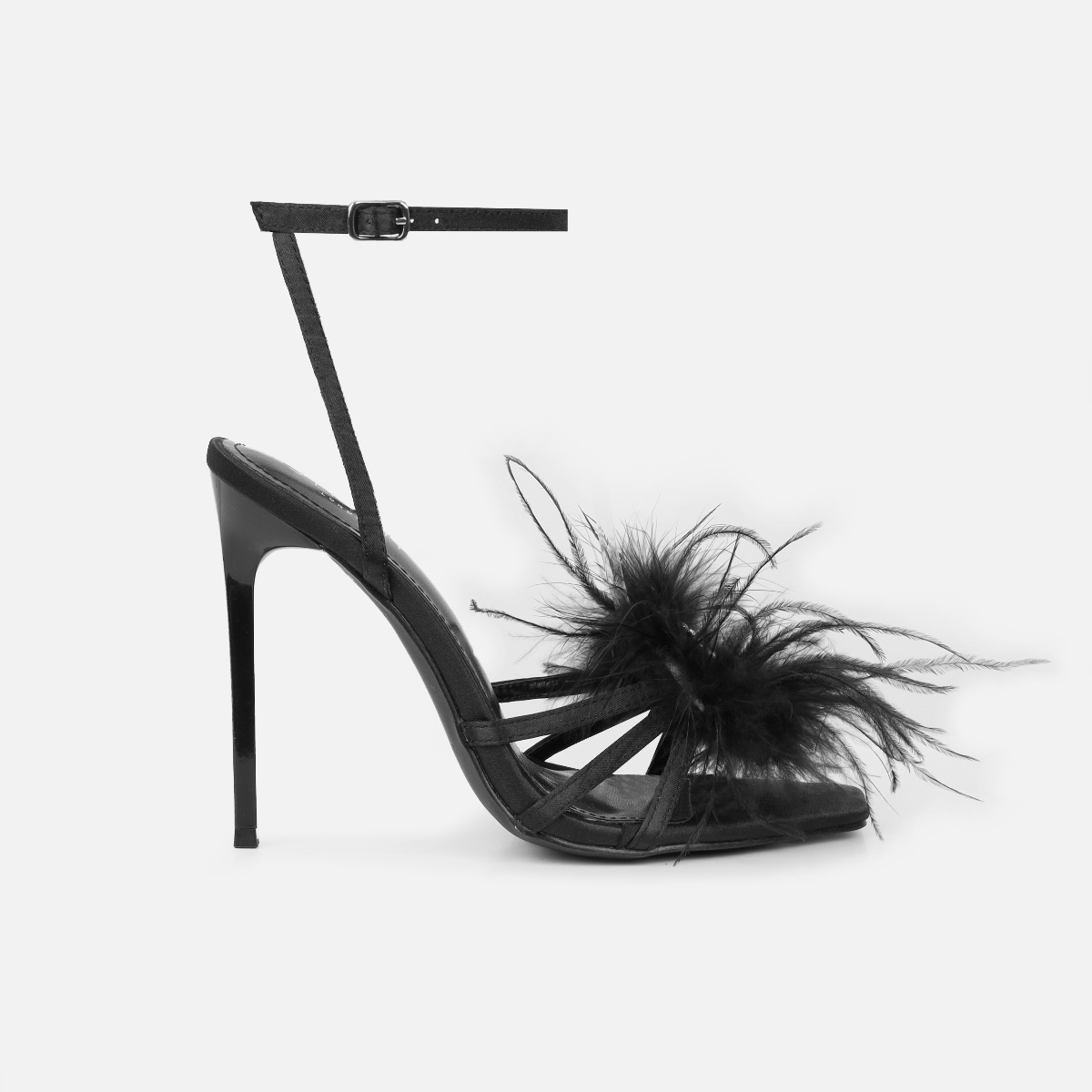 Amabel black satin fluffy diamante heels