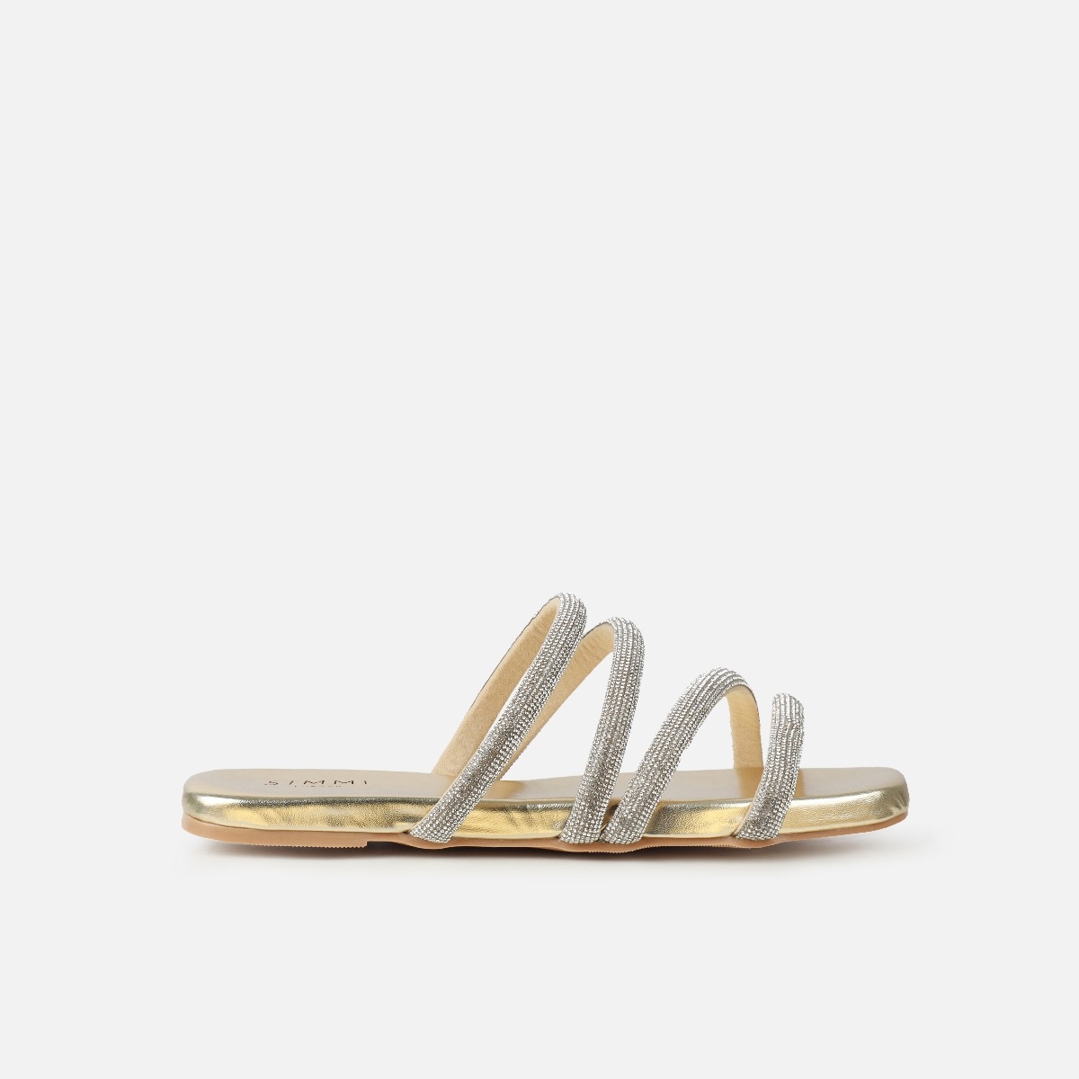 Pettle Gold Diamante Strappy Flat Sandals | SIMMI London