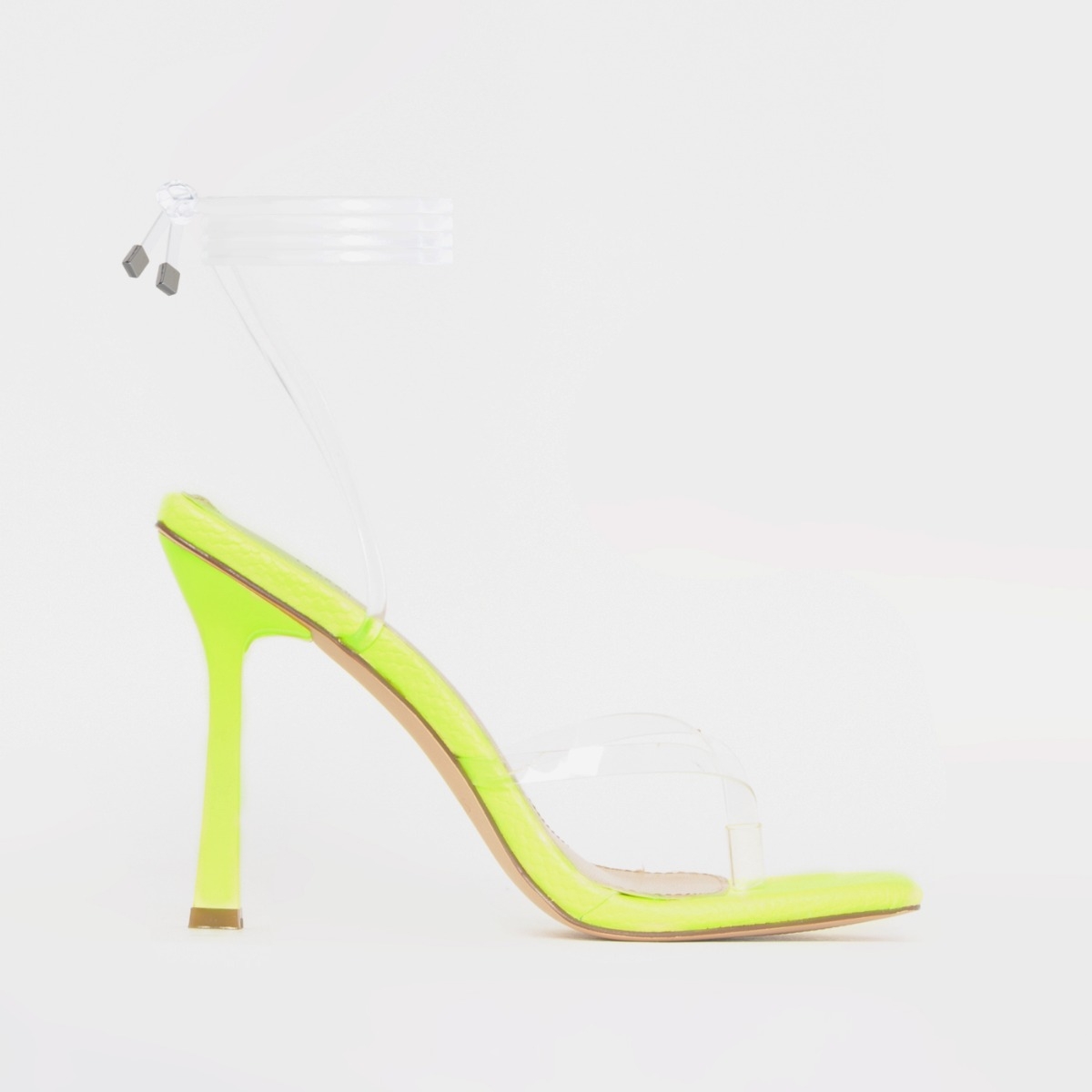 Quinn Yellow Faux Snake Print Clear Lace Up Thong Heels | SIMMI London