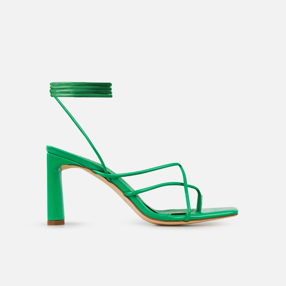 Rhia Green Patent Strappy Lace Up Mid Block Heels | SIMMI London