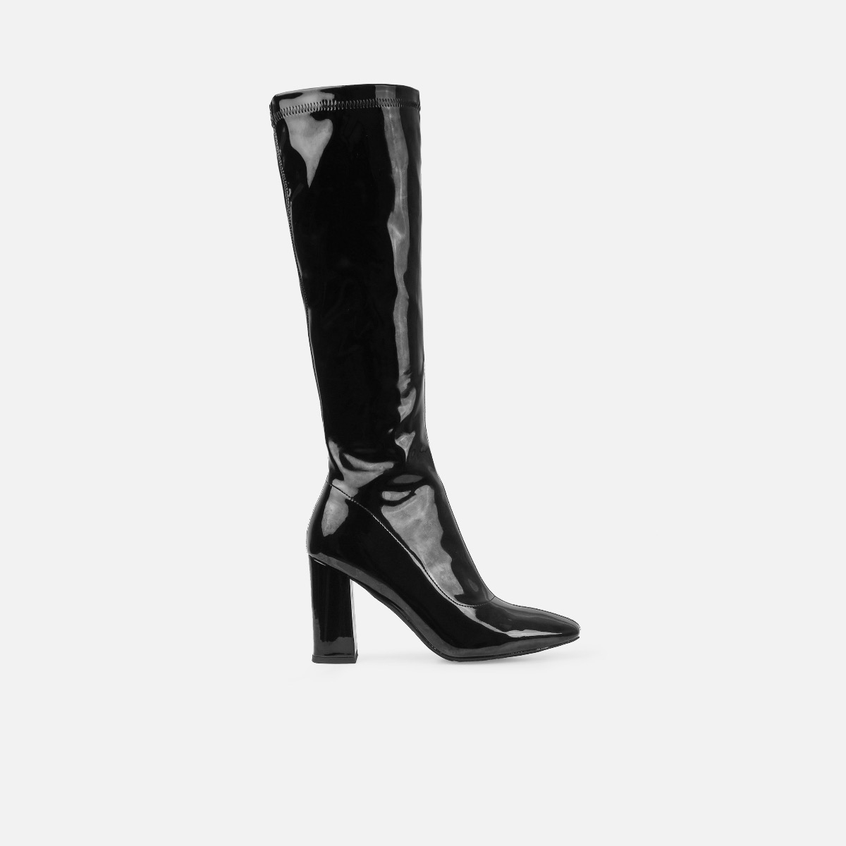 Talulla Black Patent Block Heel Knee High Boots | SIMMI London